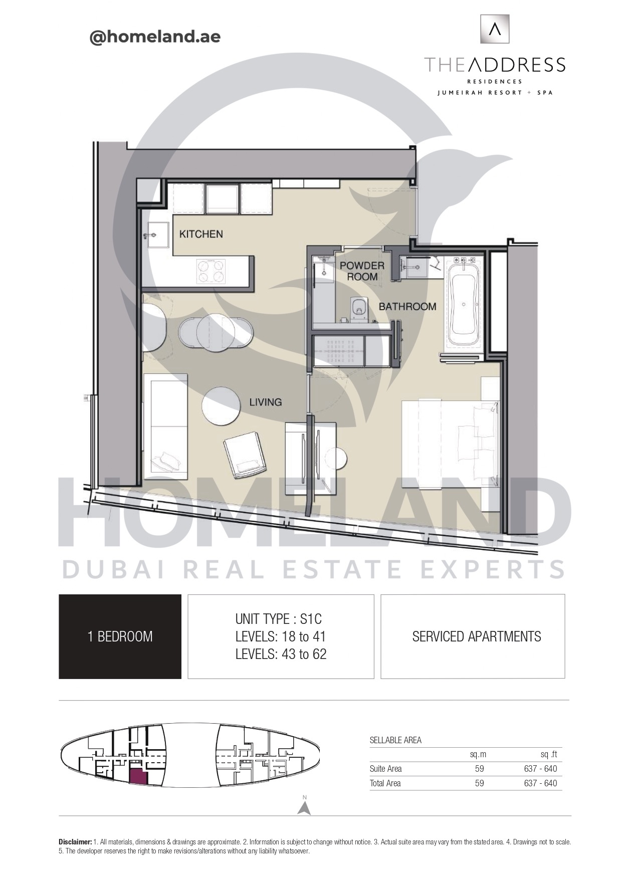 Address JBR, 1BR, Type S1C, Level 18 to 41 - 43 to 62, 640 SQFT