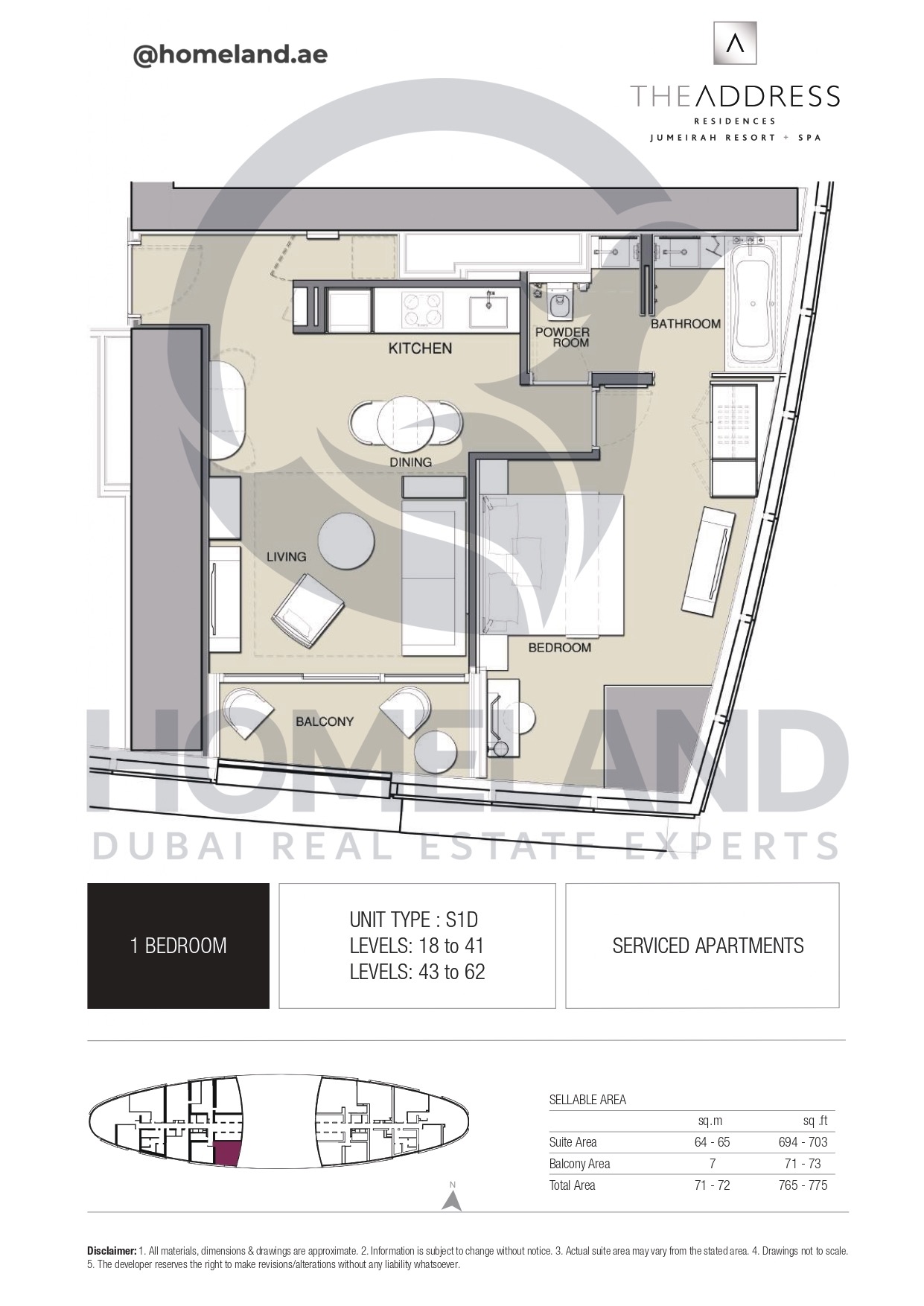 Address JBR, 1BR, Type S1D, Level 18 to 41 - 43 to 62, 775 SQFT