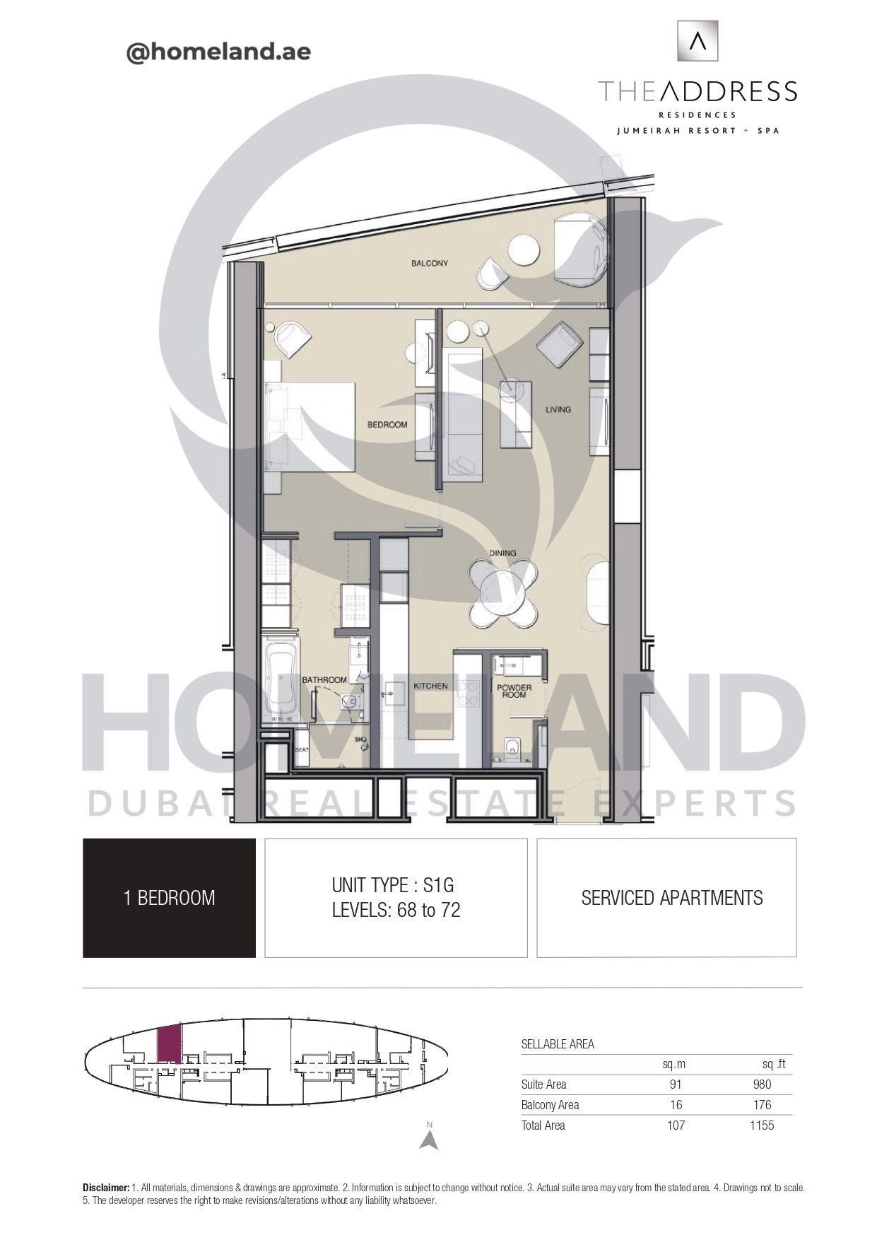 Address JBR, 1BR, Type S1G, Level 68 to 72, 1155 SQFT