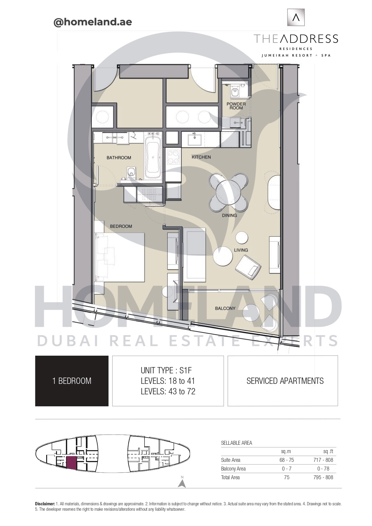 Address JBR, 1BR, Type S1F, Level 18 to 41 - 43 to 72, 808 SQFT