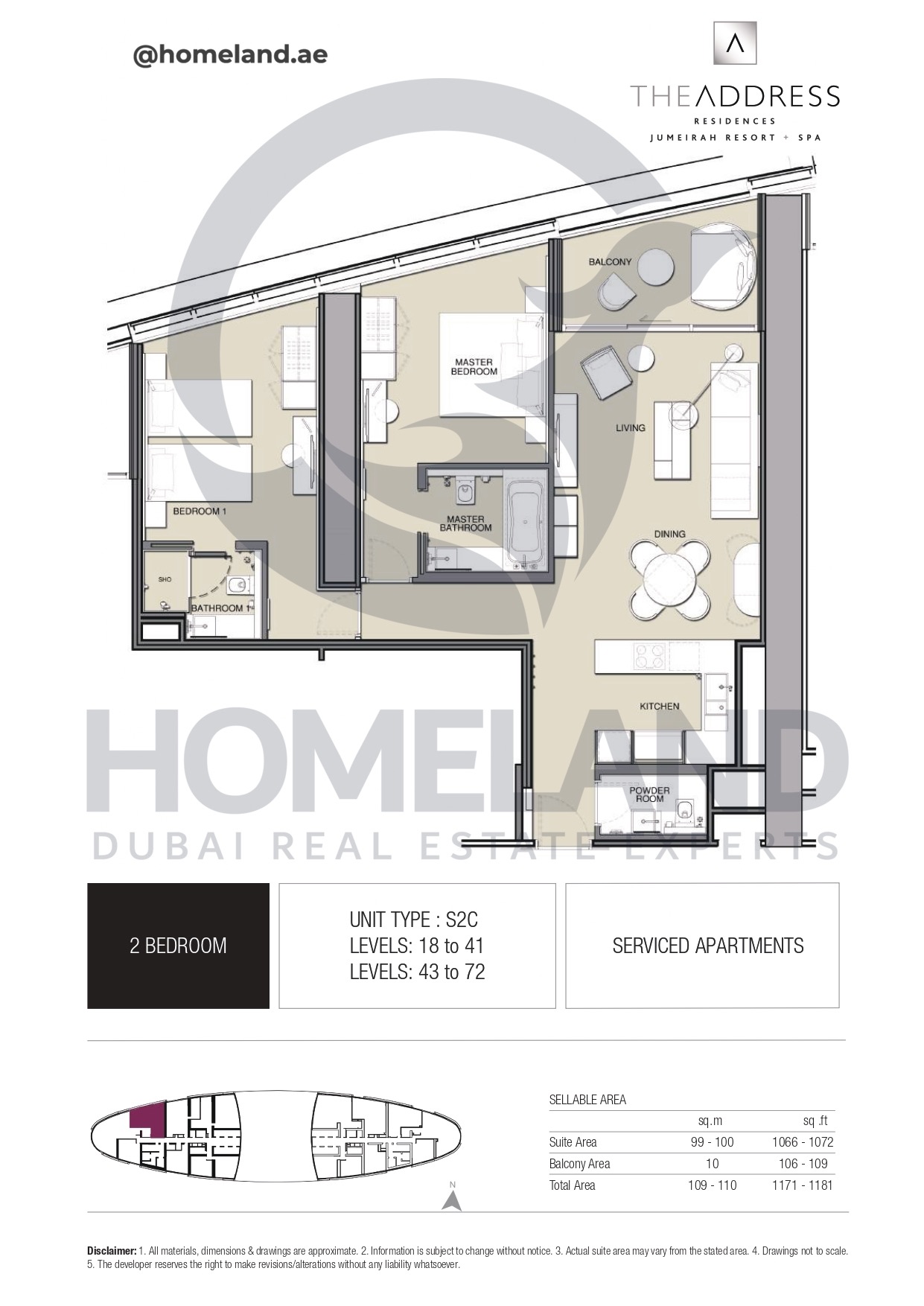Address JBR, 2BR, Type S2C, Level 18 to 41 - 43 to 72, 1181 SQFT