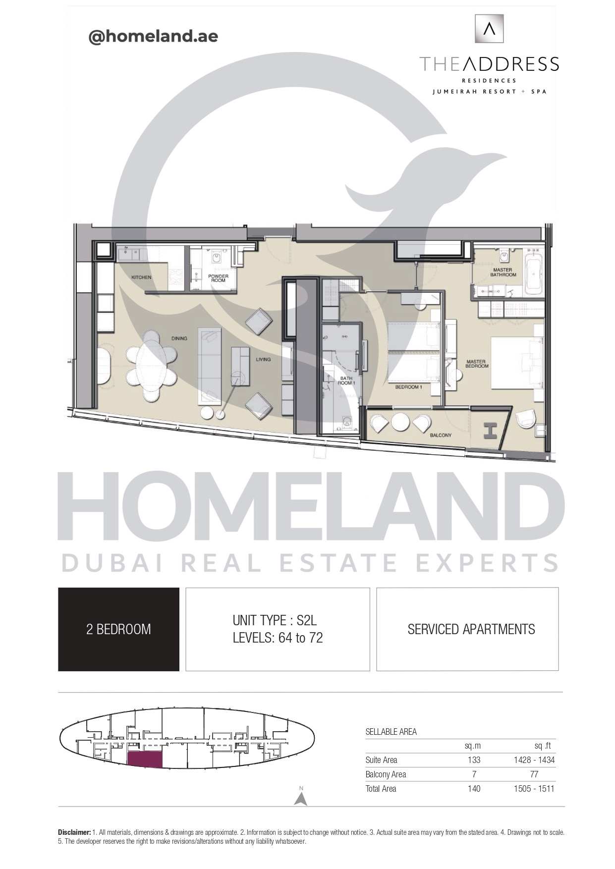 Address JBR, 2BR, Type S2L, Level 64 to 72, 1511 SQFT