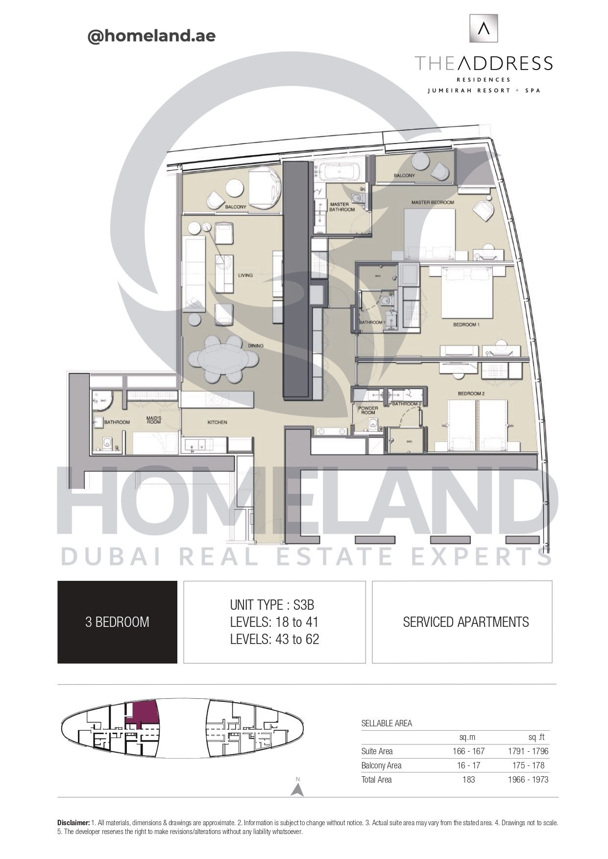 Address JBR, 3BR, Type S3B, Level 18 to 41 - 43 to 62, 1973 SQFT
