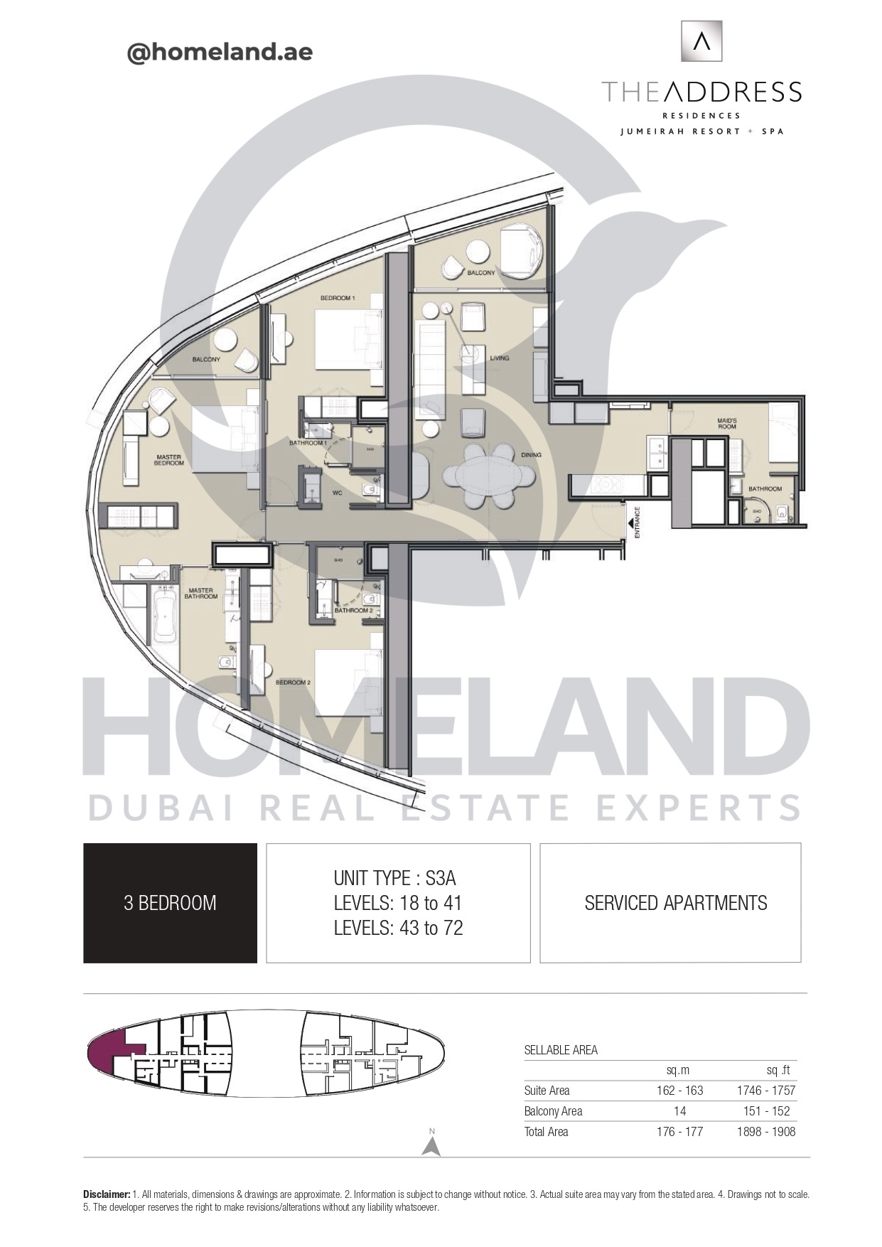 Address JBR, 3BR, Type S3A, Level 18 to 41 - 43 to 72, 1908 SQFT