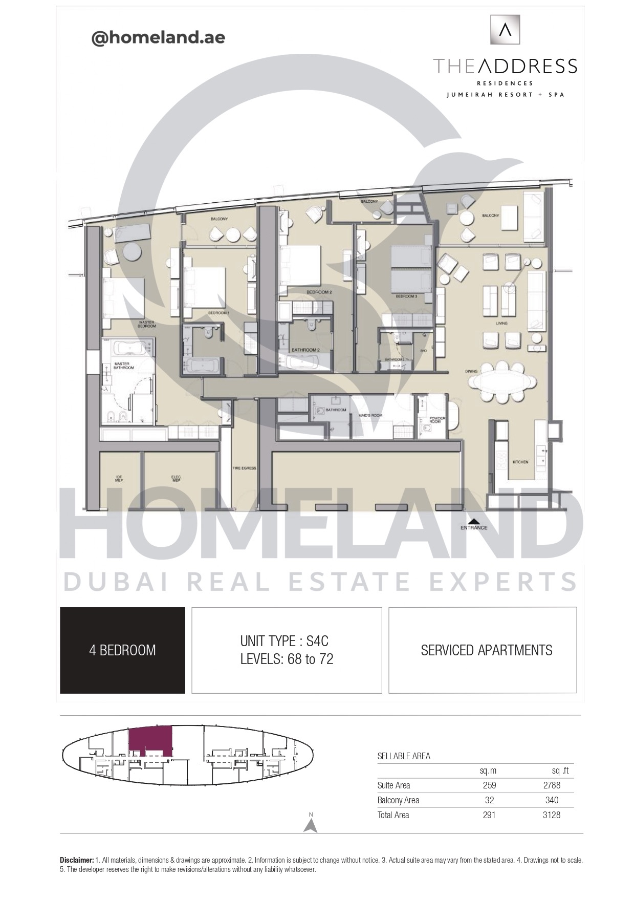 Address JBR, 4BR, Type S4C, Level 68 to 72, 3128 SQFT