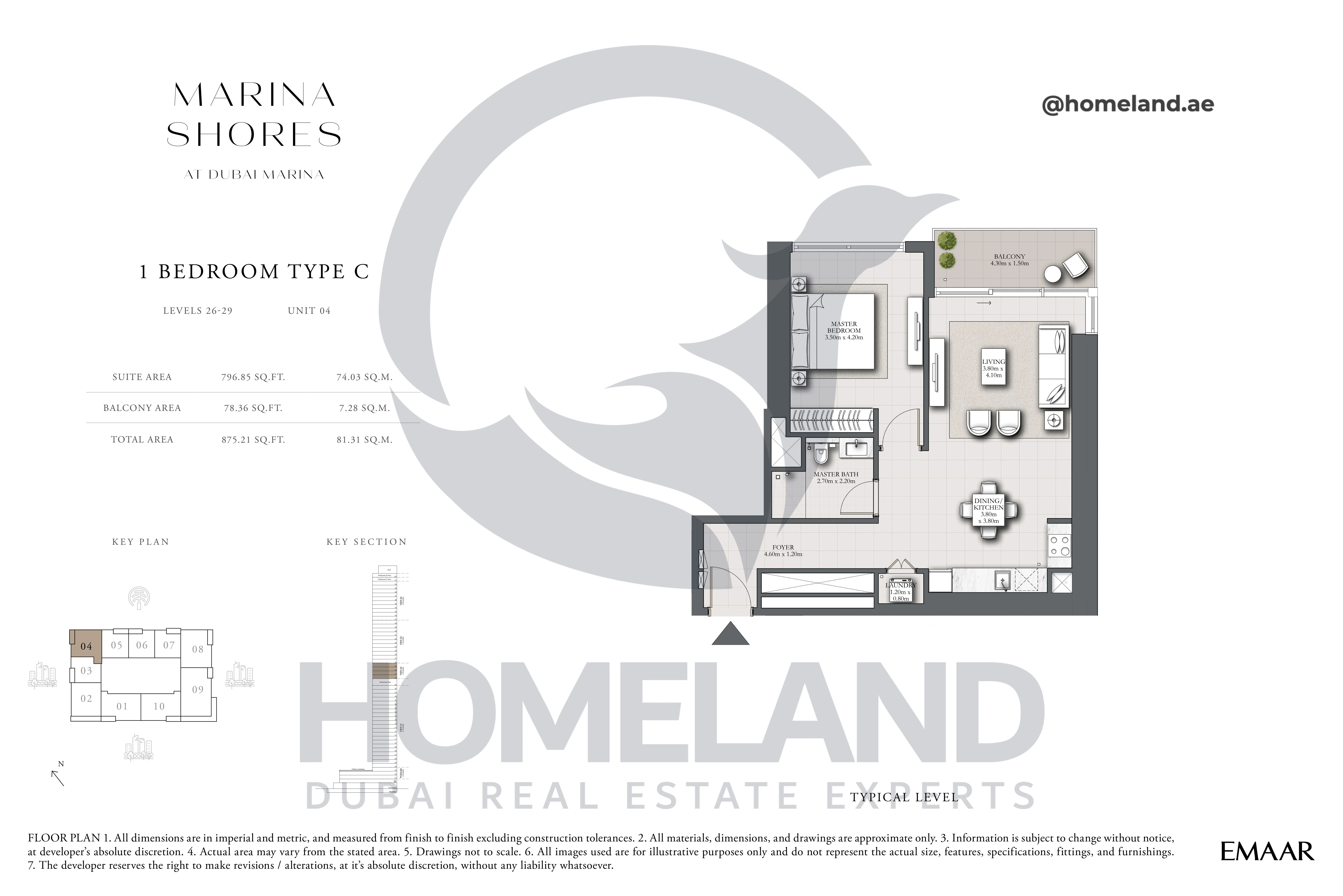 MARINA_SHORES, 1BR, Type C, Level 26-29, Unit 04, 875.21 SQFT