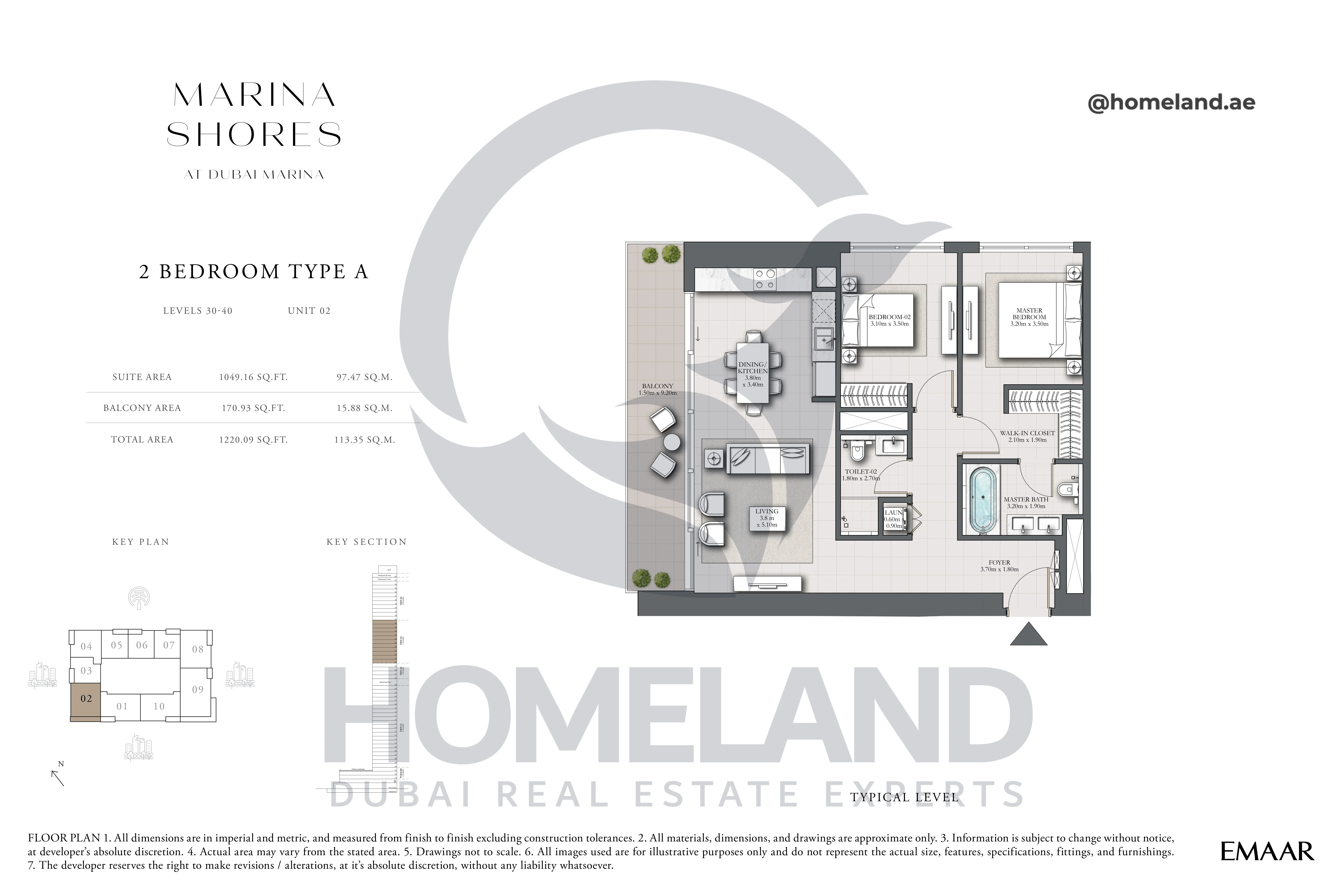 MARINA_SHORES, 2BR, Type A, Level 30-40, Unit 02, 1220.09 SQFT