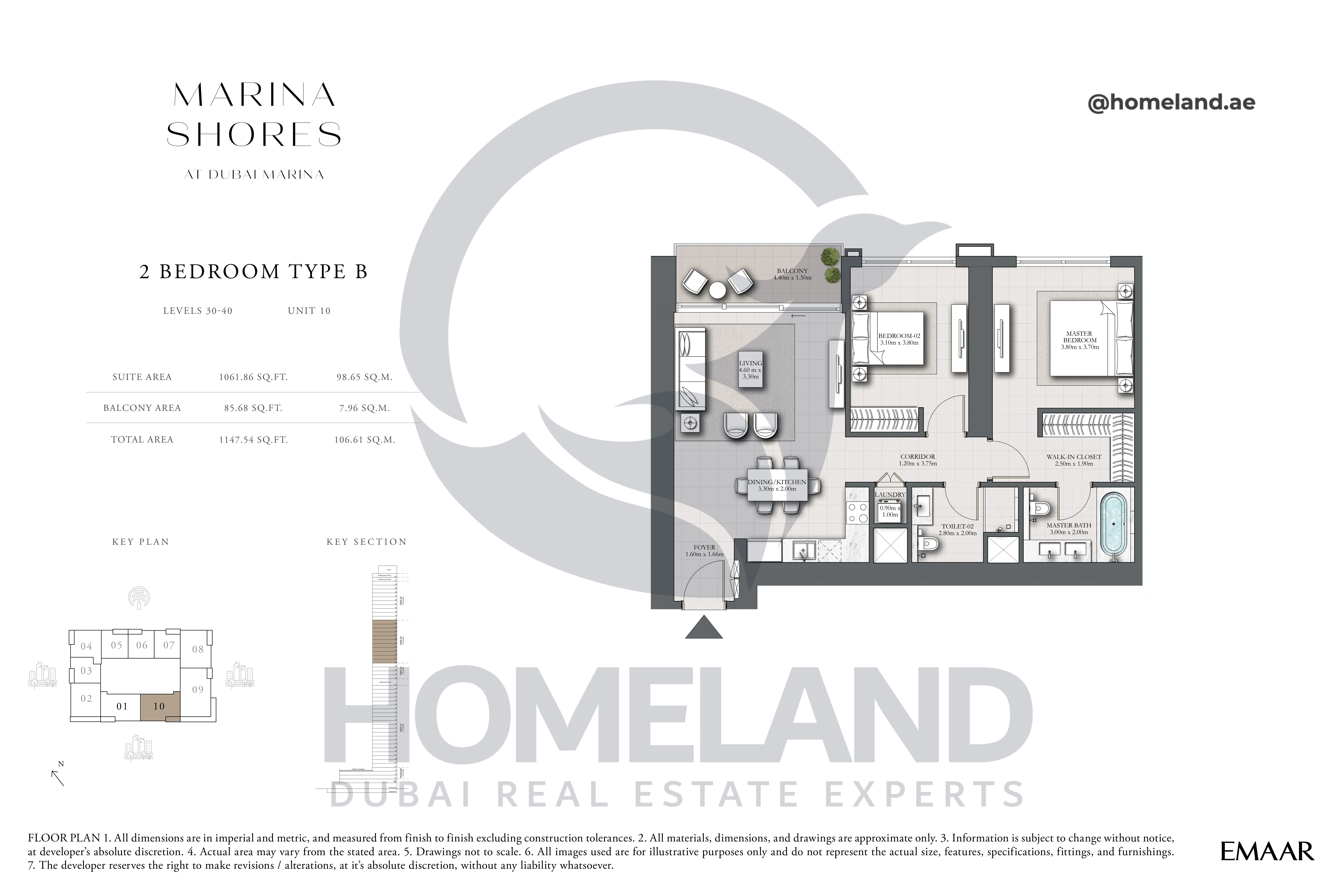 MARINA_SHORES, 2BR, Type B, Level 30-40, Unit 10, 1147.54 SQFT