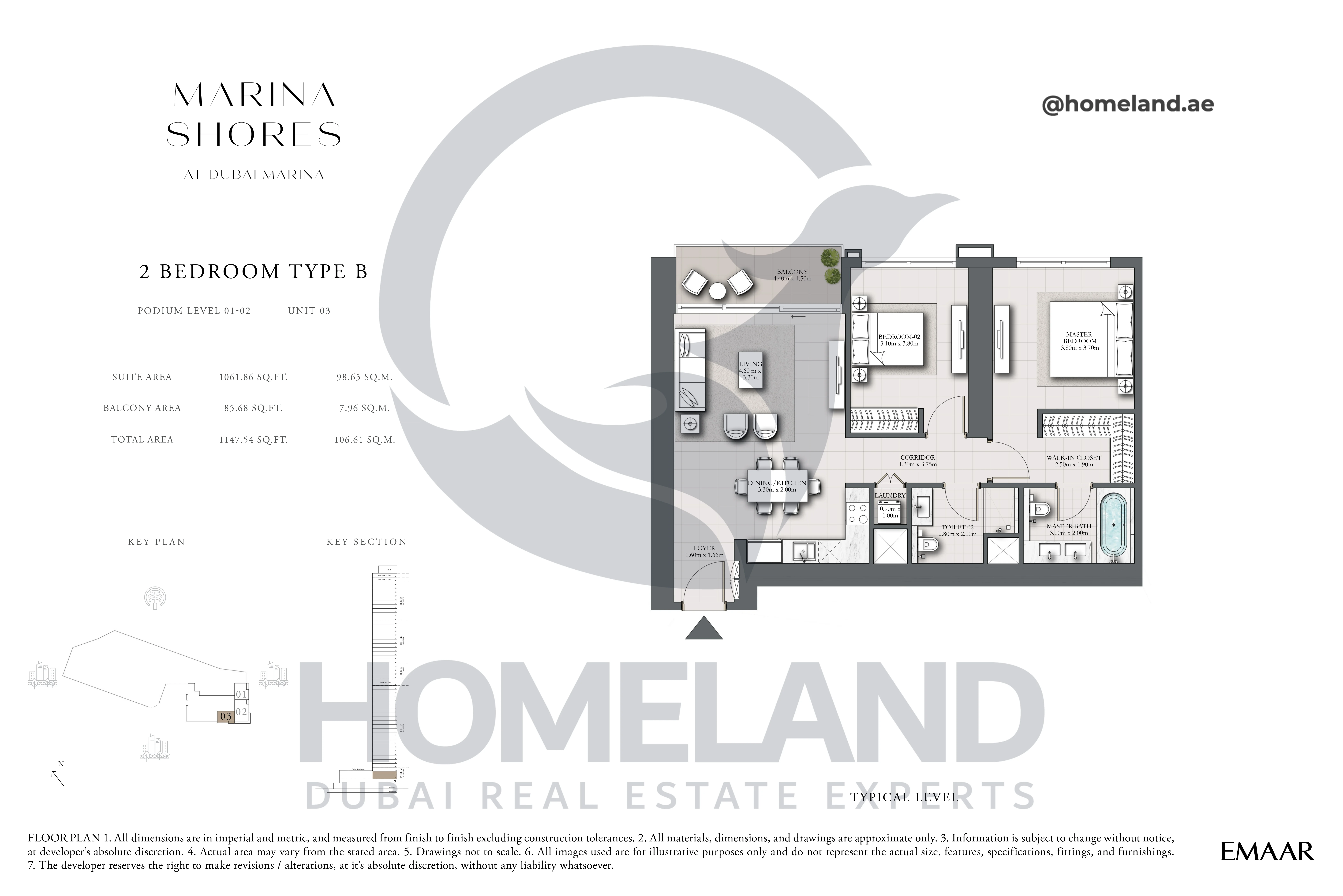 MARINA_SHORES, 2BR, Type B, Podium Level 01-02, Unit 03, 1147.54 SQFT