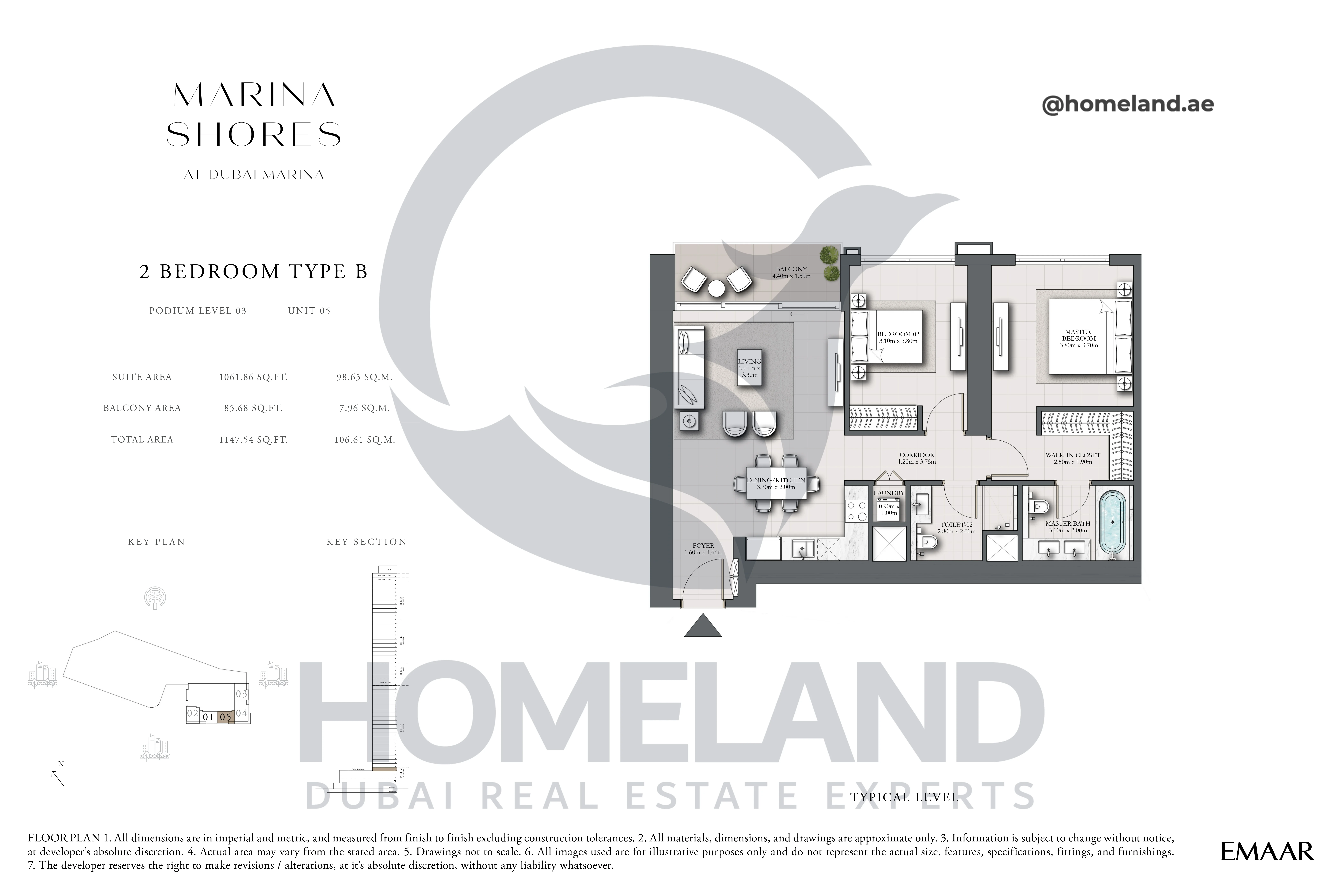 MARINA_SHORES, 2BR, Type B, Podium Level 03, Unit 05, 1147.54 SQFT