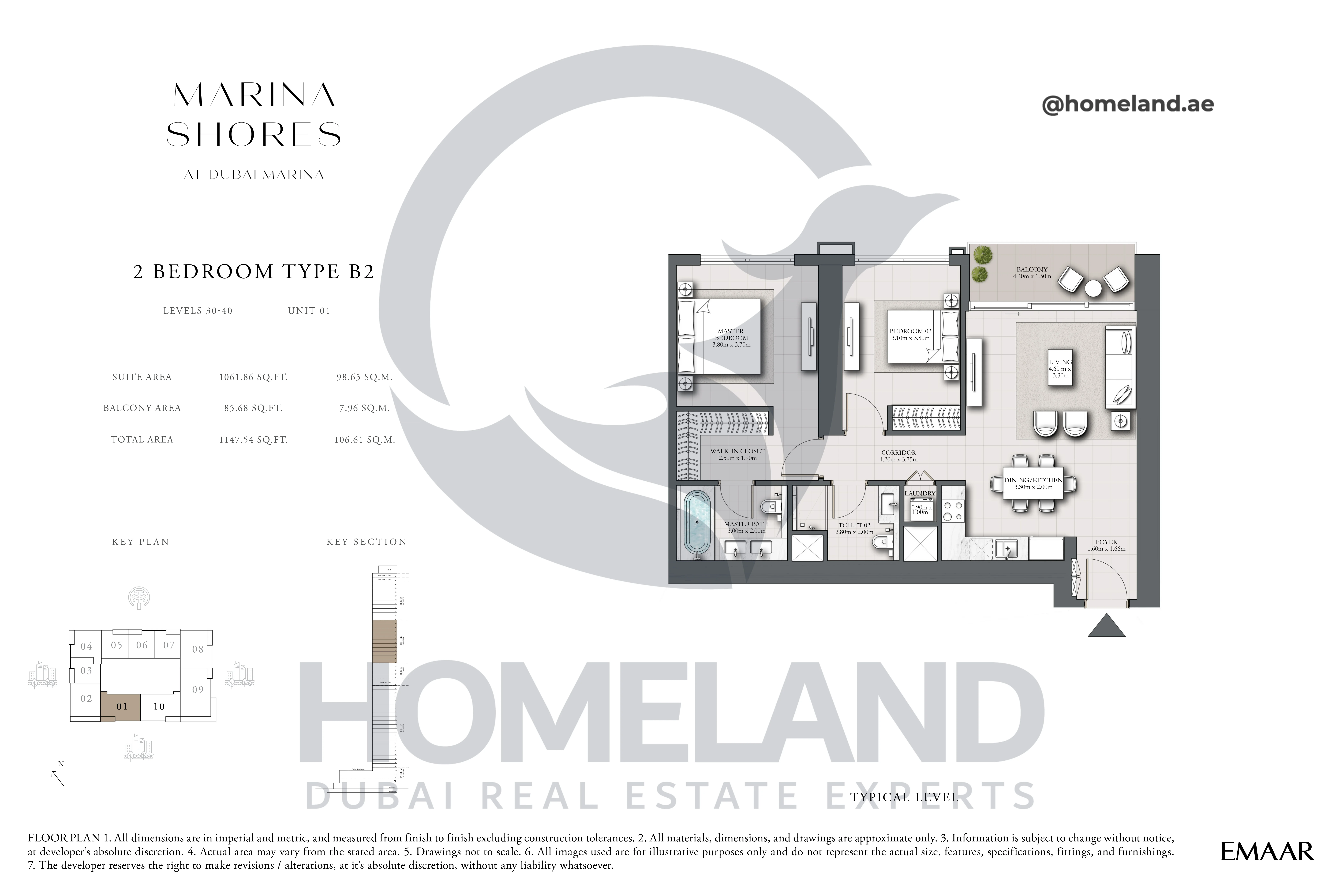 MARINA_SHORES, 2BR, Type B2, Level 30-40, Unit 01, 1147.54 SQFT