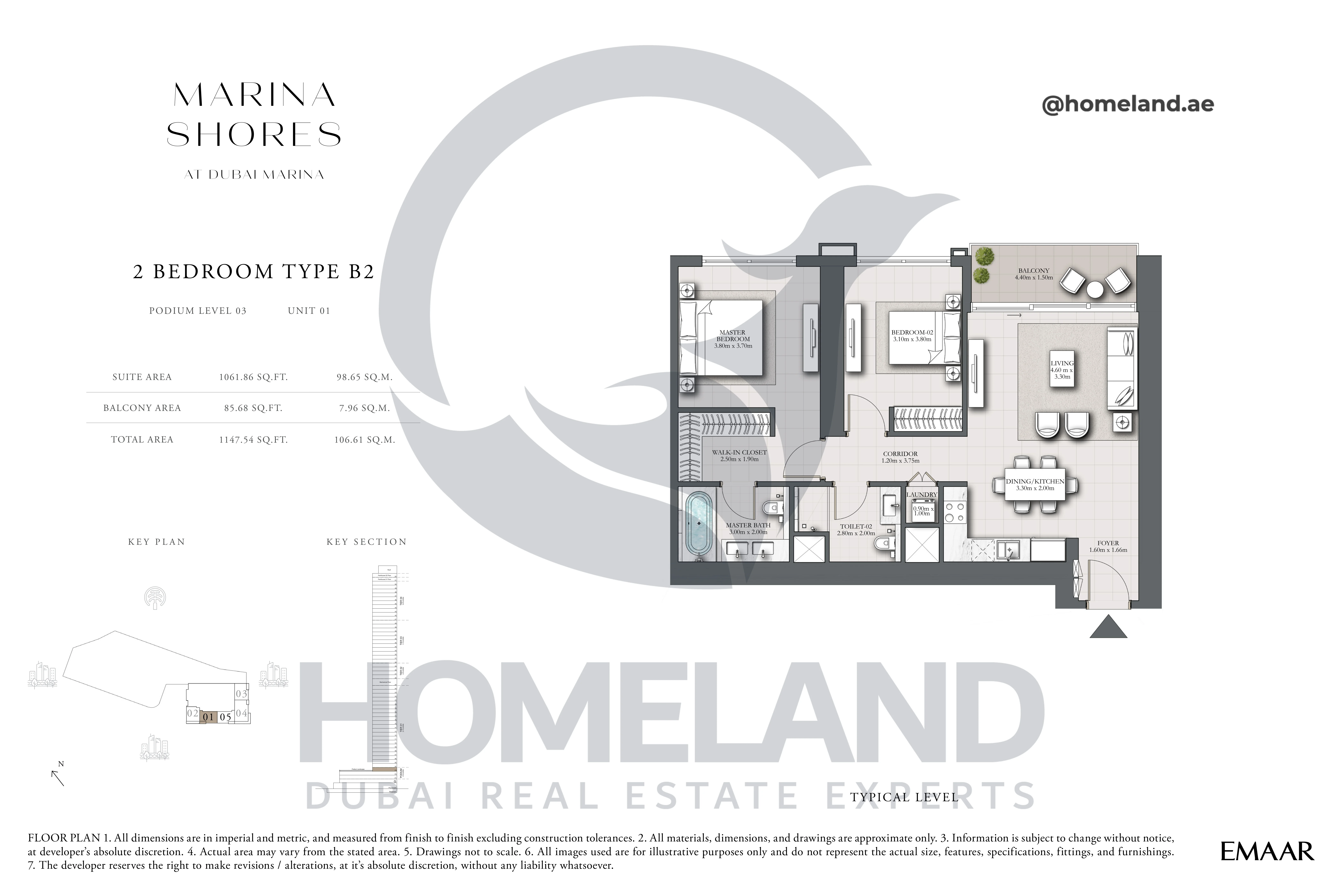 MARINA_SHORES, 2BR, Type B2, Podium Level 03, Unit 01, 1147.54 SQFT