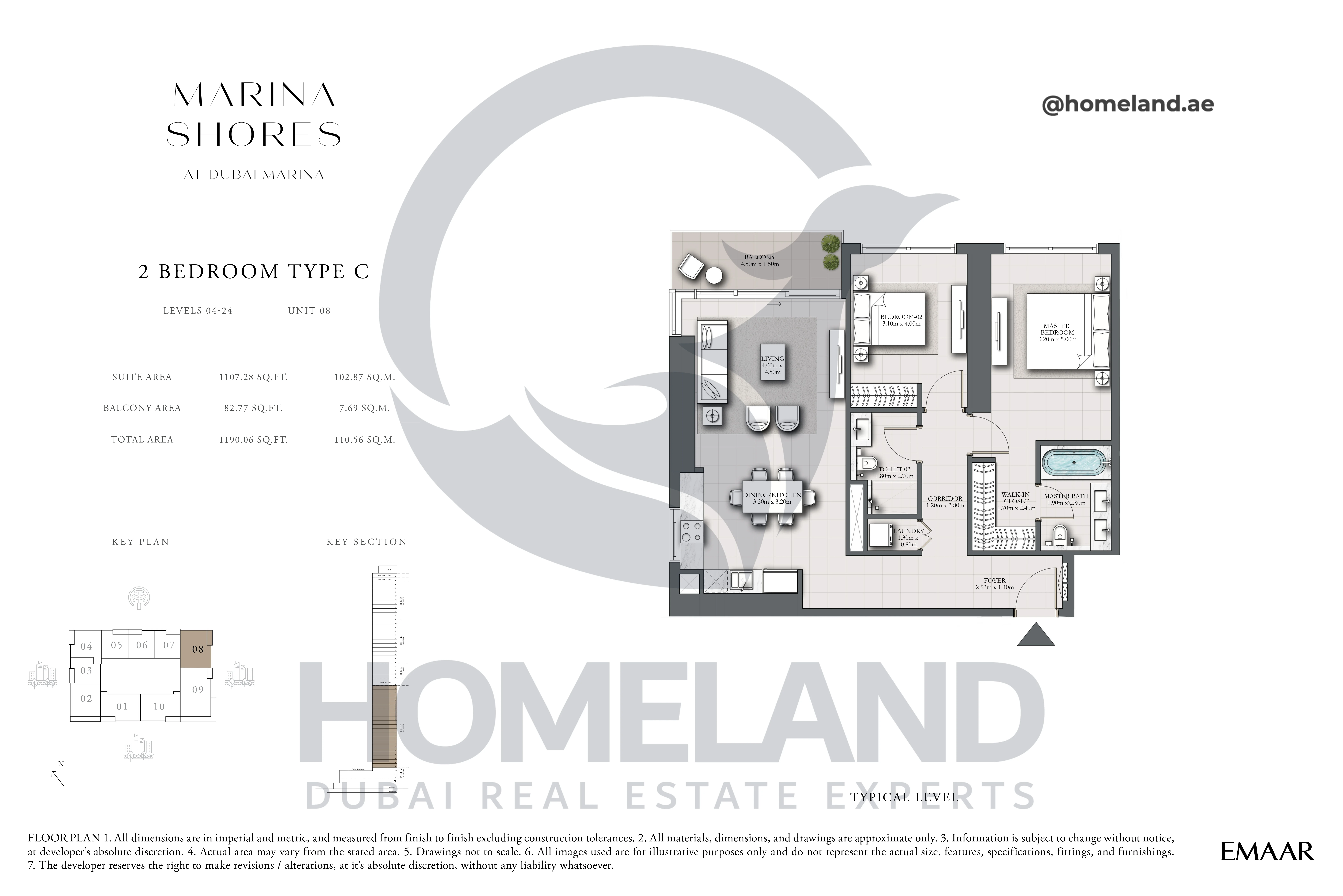 MARINA_SHORES, 2BR, Type C, Level 04-24, Unit 08, 1190.06 SQFT
