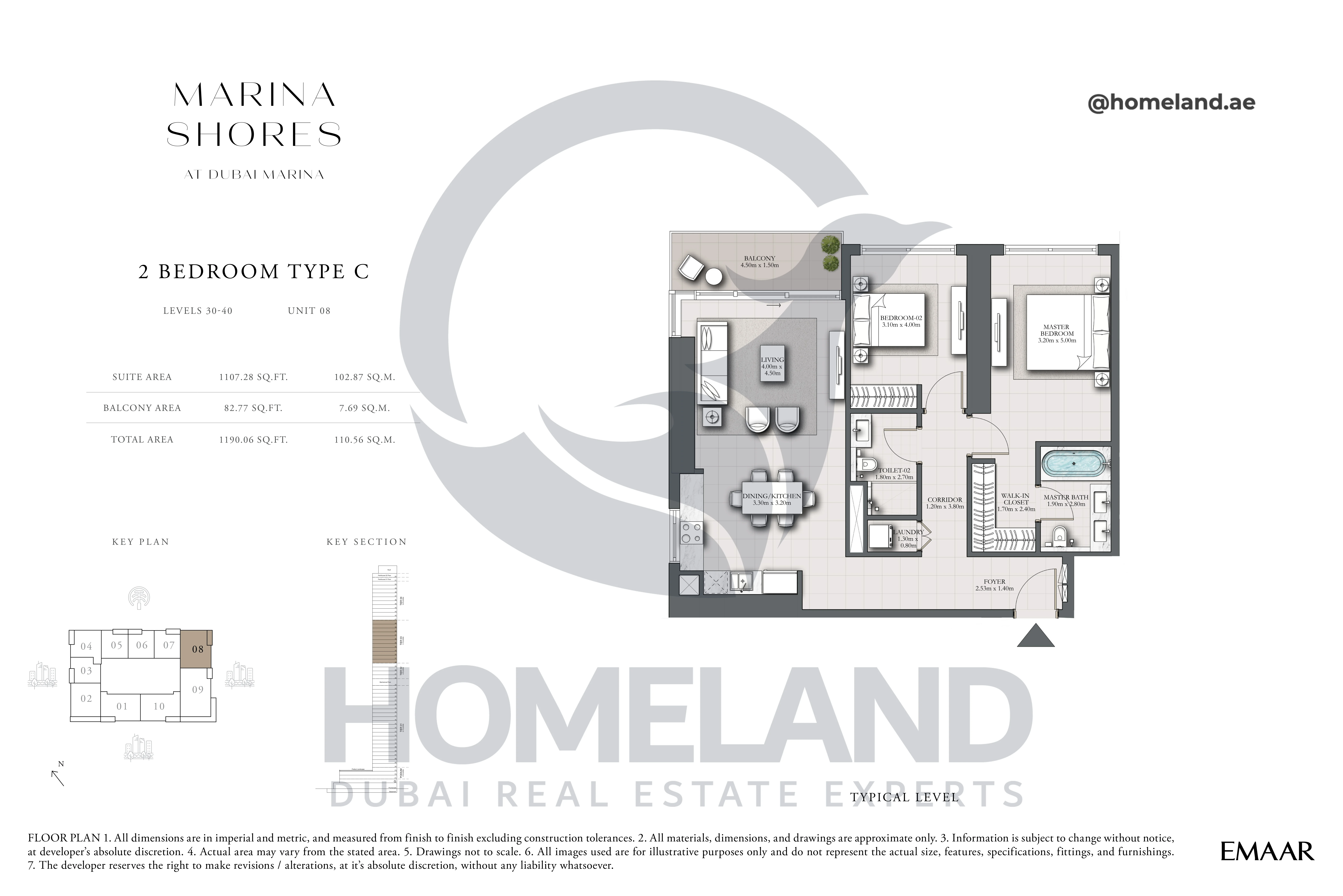 MARINA_SHORES, 2BR, Type C, Level 30-40, Unit 08, 1190.06 SQFT