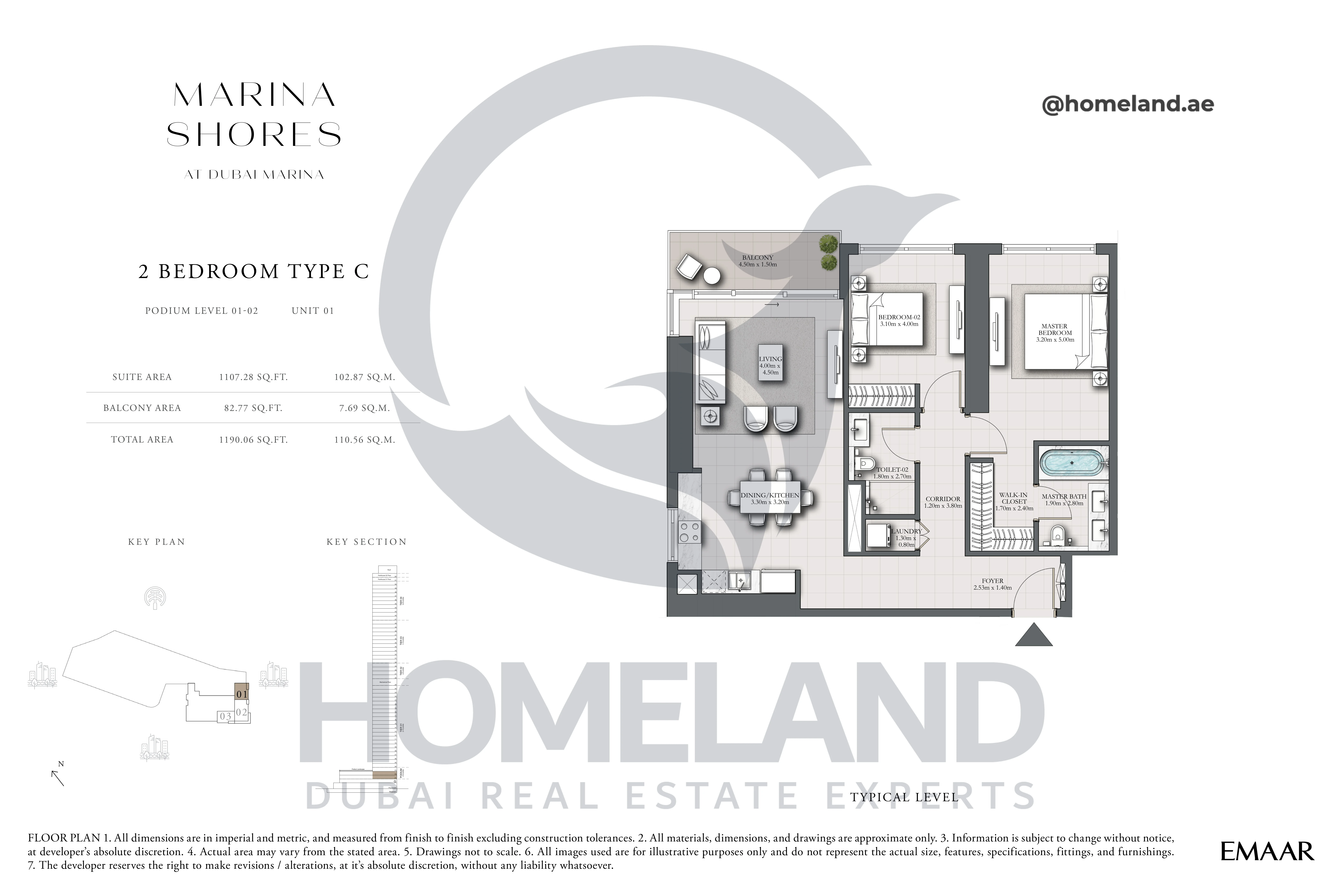 MARINA_SHORES, 2BR, Type C, Podium Level 01-02, Unit 01, 1190.06 SQFT