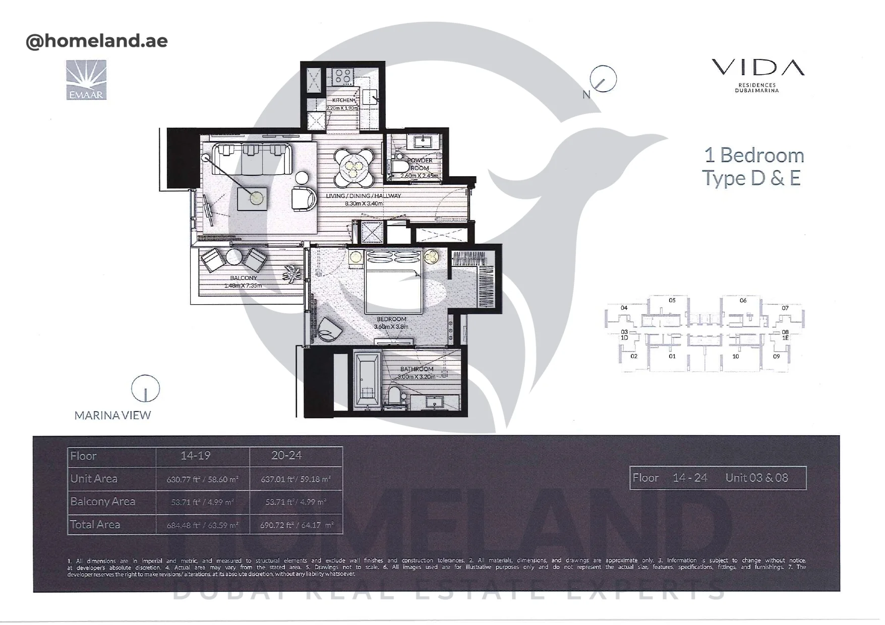 Vida_Residence, 1BR, Type D&E, Level 14-19-20-24, Unit 03&08, 690.72 SQFT
