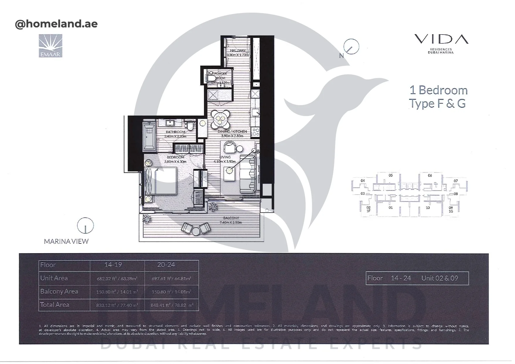 Vida_Residence, 1BR, Type F&G, Level 14-19-20-24, Unit 02&09, 848.41 SQFT