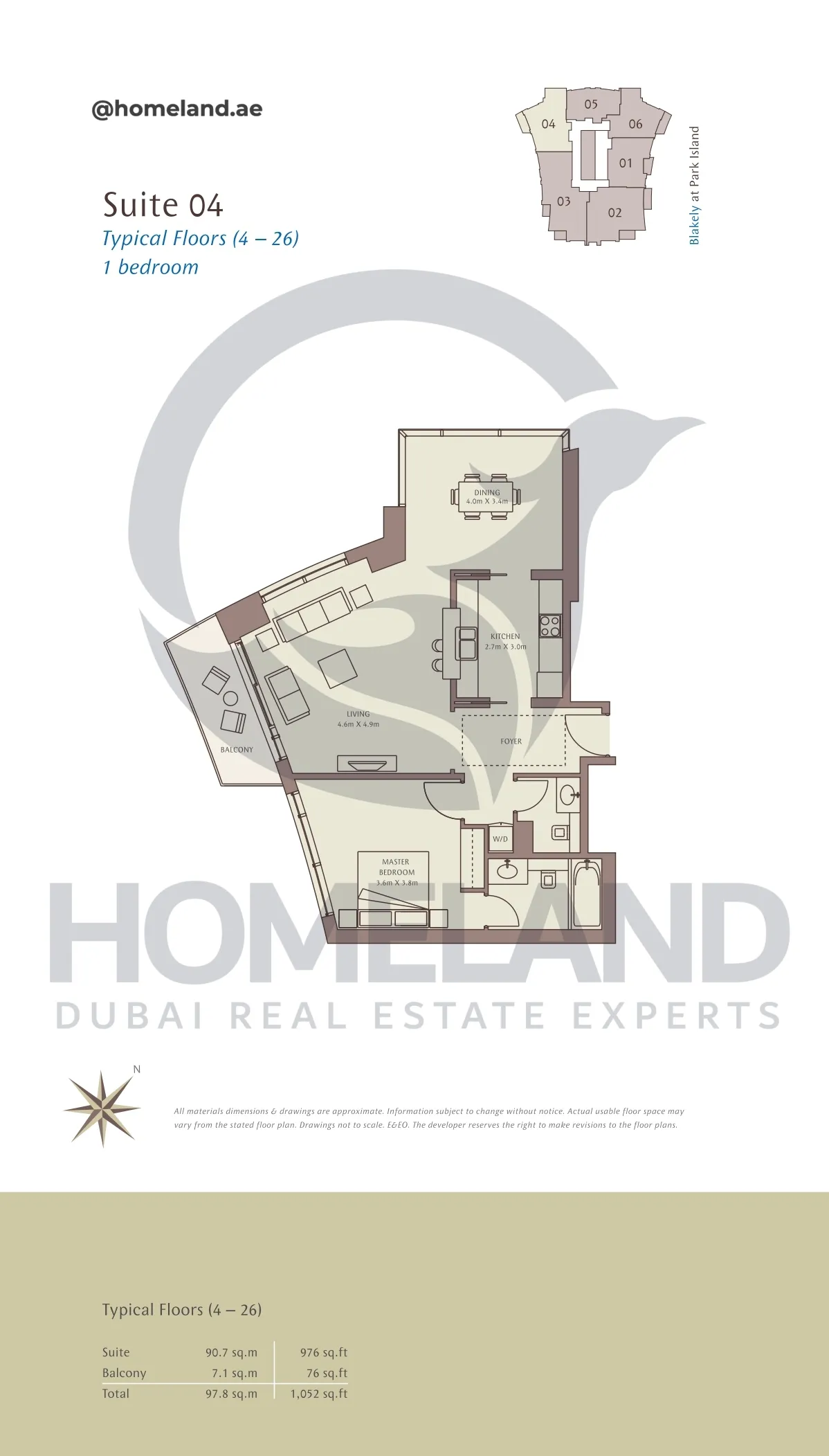 Park Island Blakely, Typical Floors ( 4-26 ), 1BR, Suite 04, 1052 SQFT
