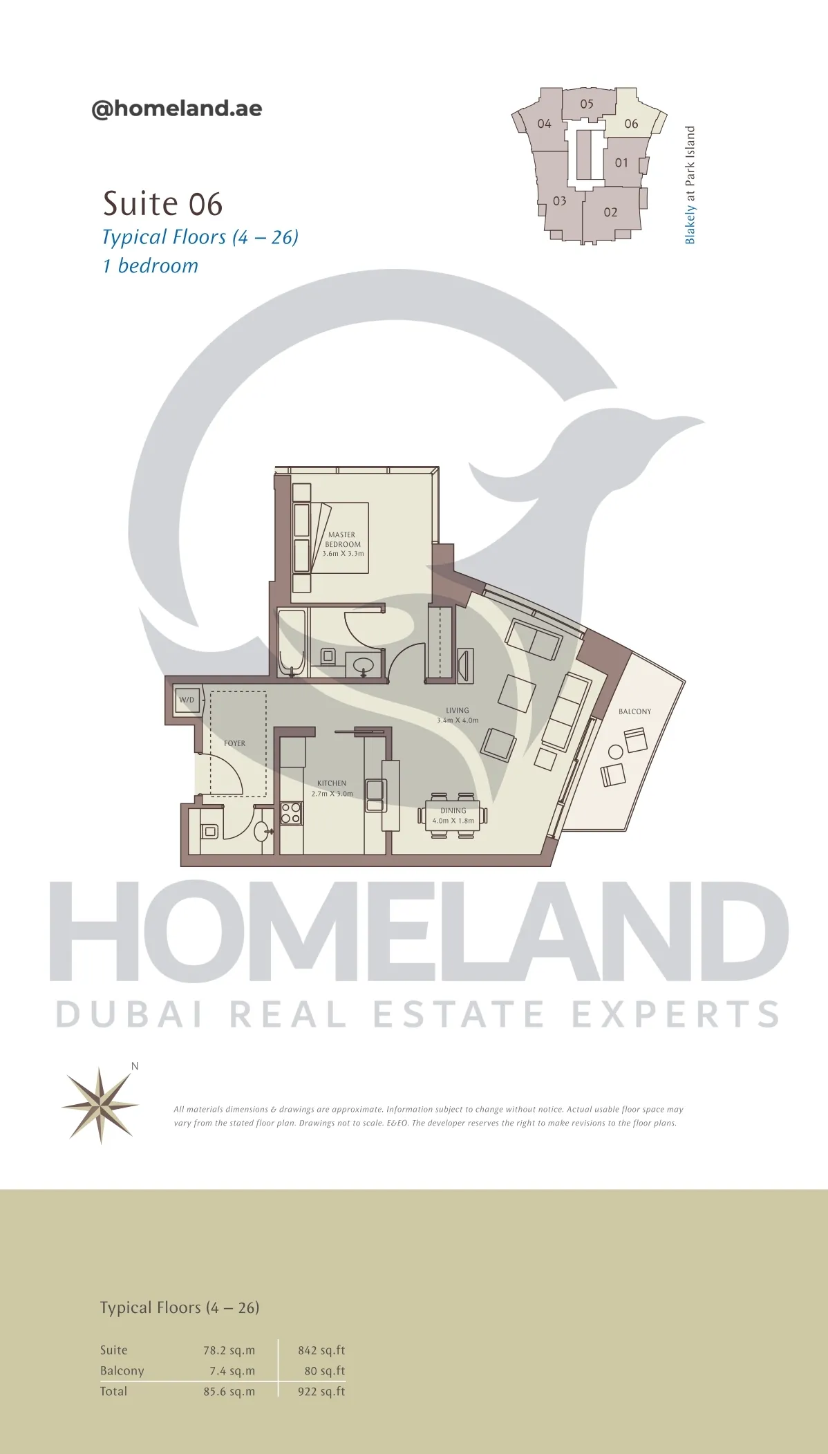 Park Island Blakely, Typical Floors ( 4-26 ), 1BR, Suite 06, 922 SQFT