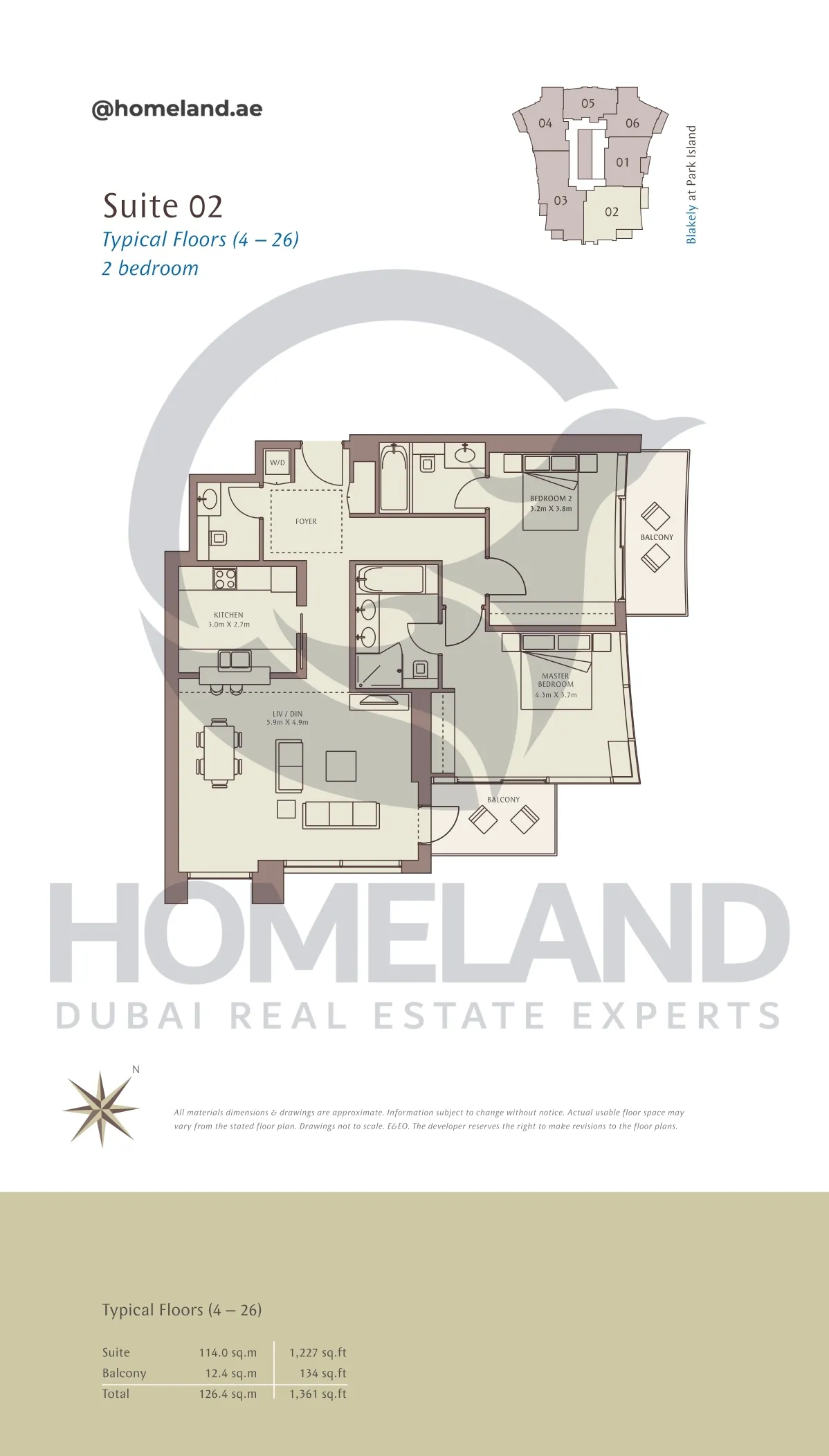 Park Island Blakely, Typical Floors ( 4-26 ), 2BR, Suite 02, 1361 SQFT