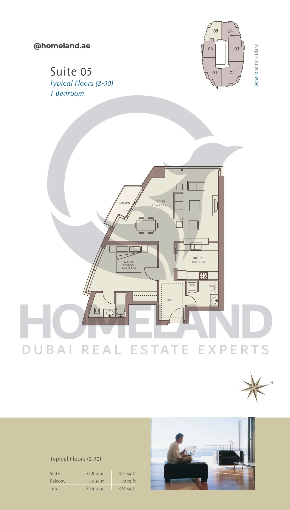 Park Island Bonaire, Typical Floors ( 2-30 ), 1BR, Suite 05, 962 SQFT