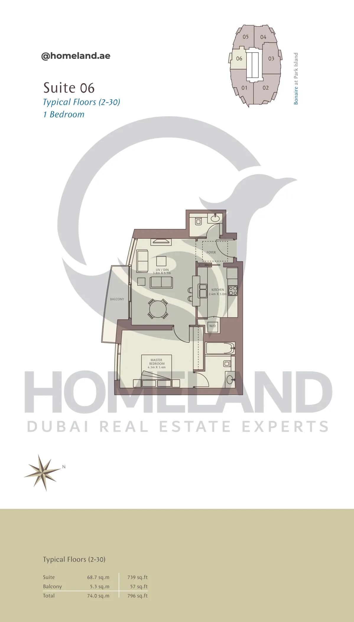 Park Island Bonaire, Typical Floors ( 2-30 ), 1BR, Suite 06, 796 SQFT