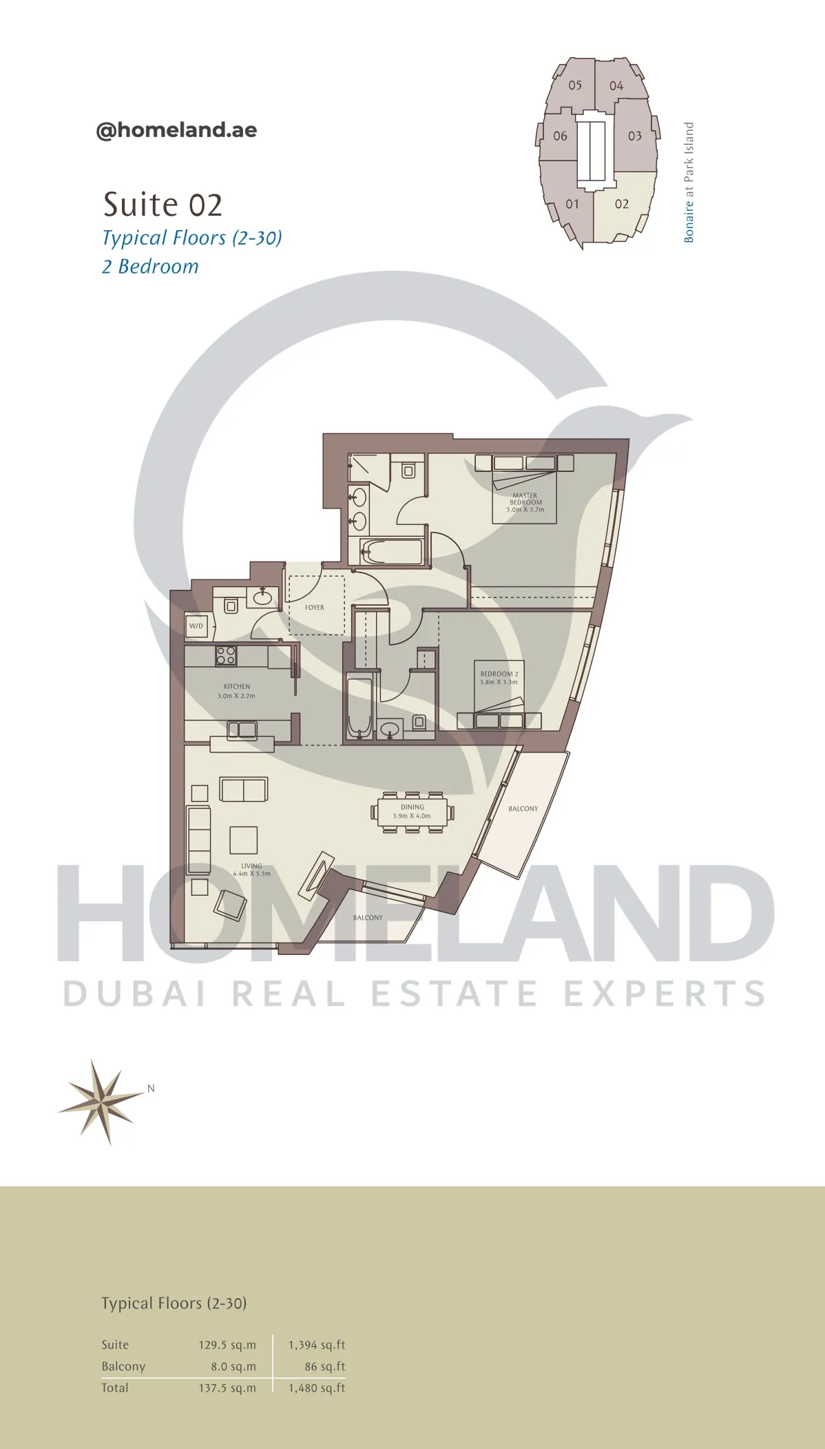 Park Island Bonaire, Typical Floors ( 2-30 ), 2BR, Suite 02, 1480 SQFT