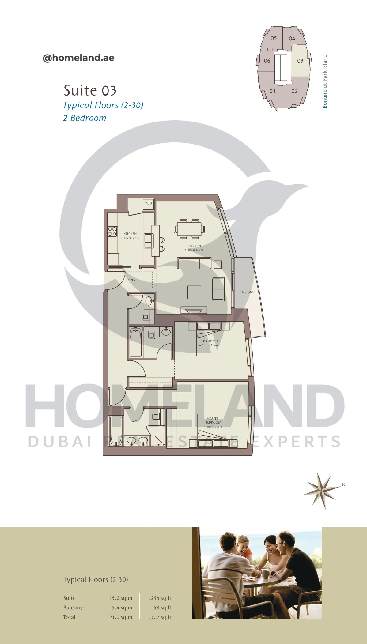 Park Island Bonaire, Typical Floors ( 2-30 ), 2BR, Suite 03, 1302 SQFT