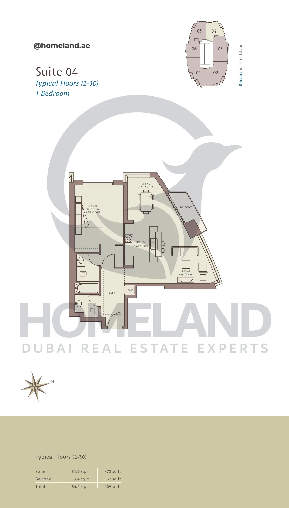 Park Island Bonaire, Typical Floors ( 2-30 ), 1BR, Suite 04, 909 SQFT