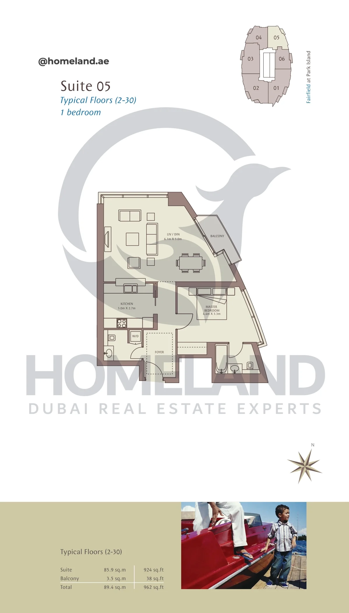 Park Island Fairfield, Typical Floors ( 2-30 ), 1BR, Suite 05, 962 SQFT