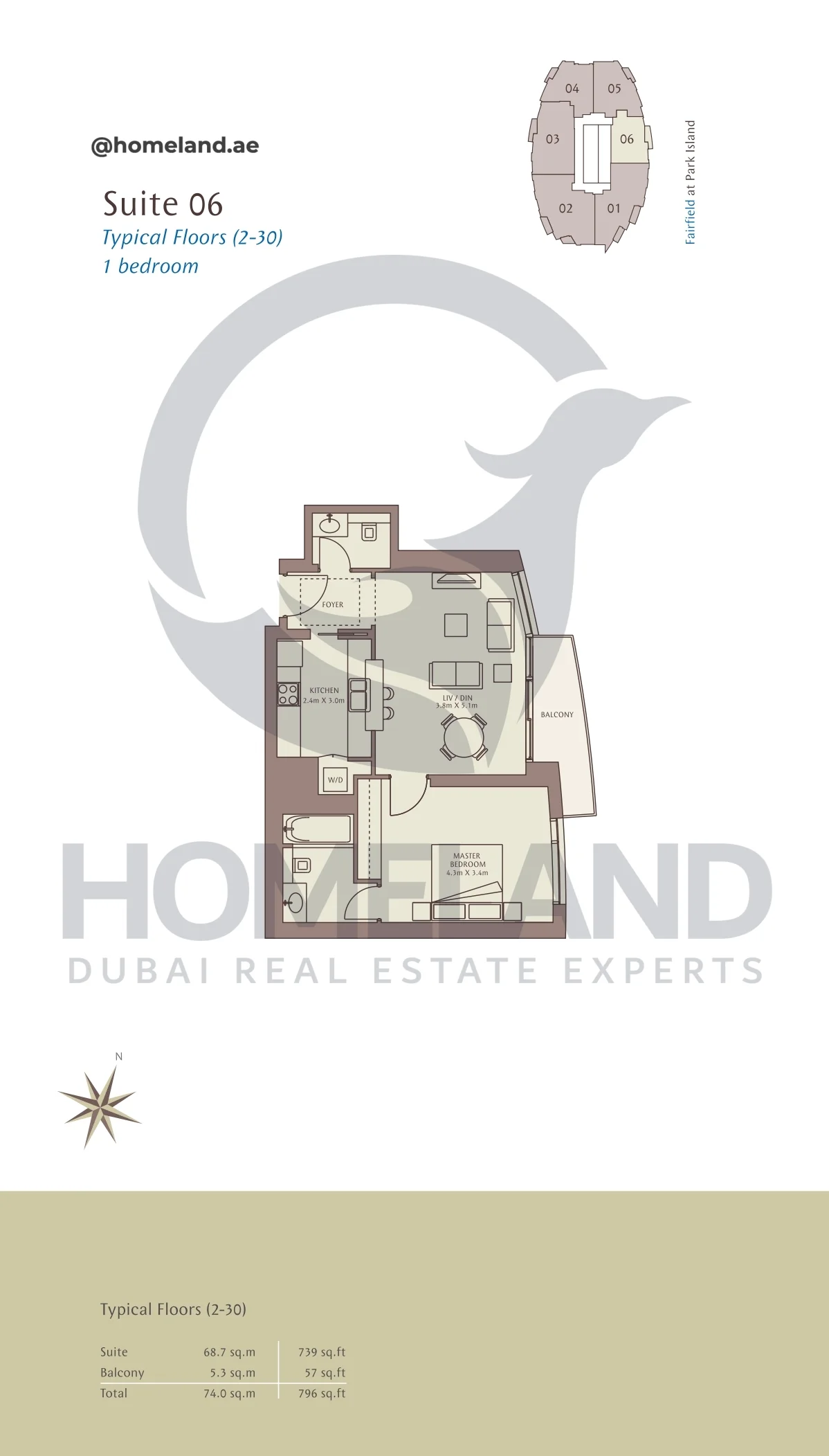 Park Island Fairfield, Typical Floors ( 2-30 ), 1BR, Suite 06, 796 SQFT