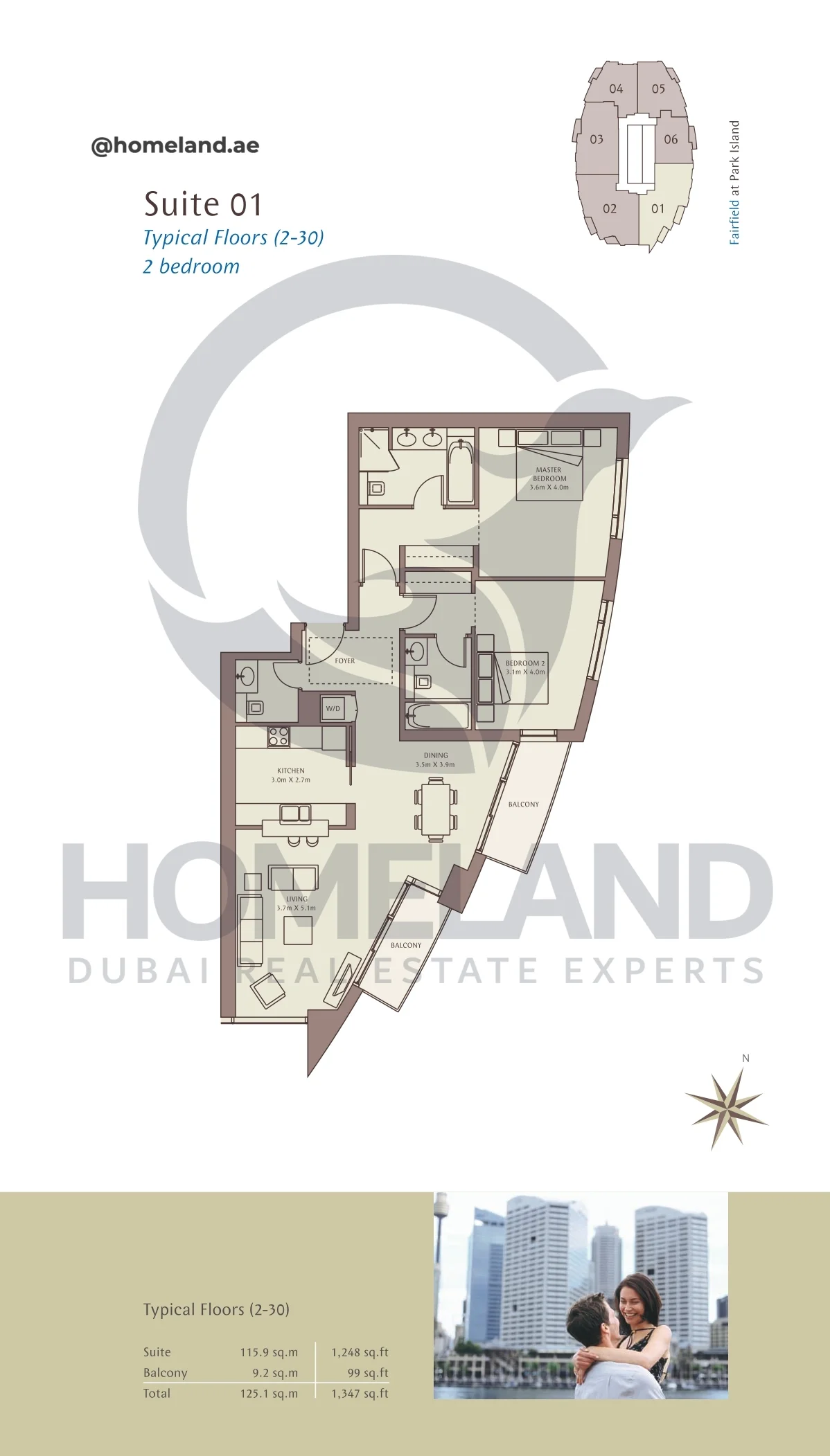 Park Island Fairfield, Typical Floors ( 2-30 ), 2BR, Suite 01, 1347 SQFT