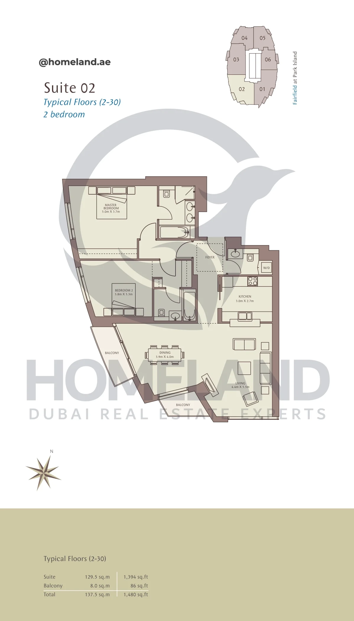 Park Island Fairfield, Typical Floors ( 2-30 ), 2BR, Suite 02, 1480 SQFT