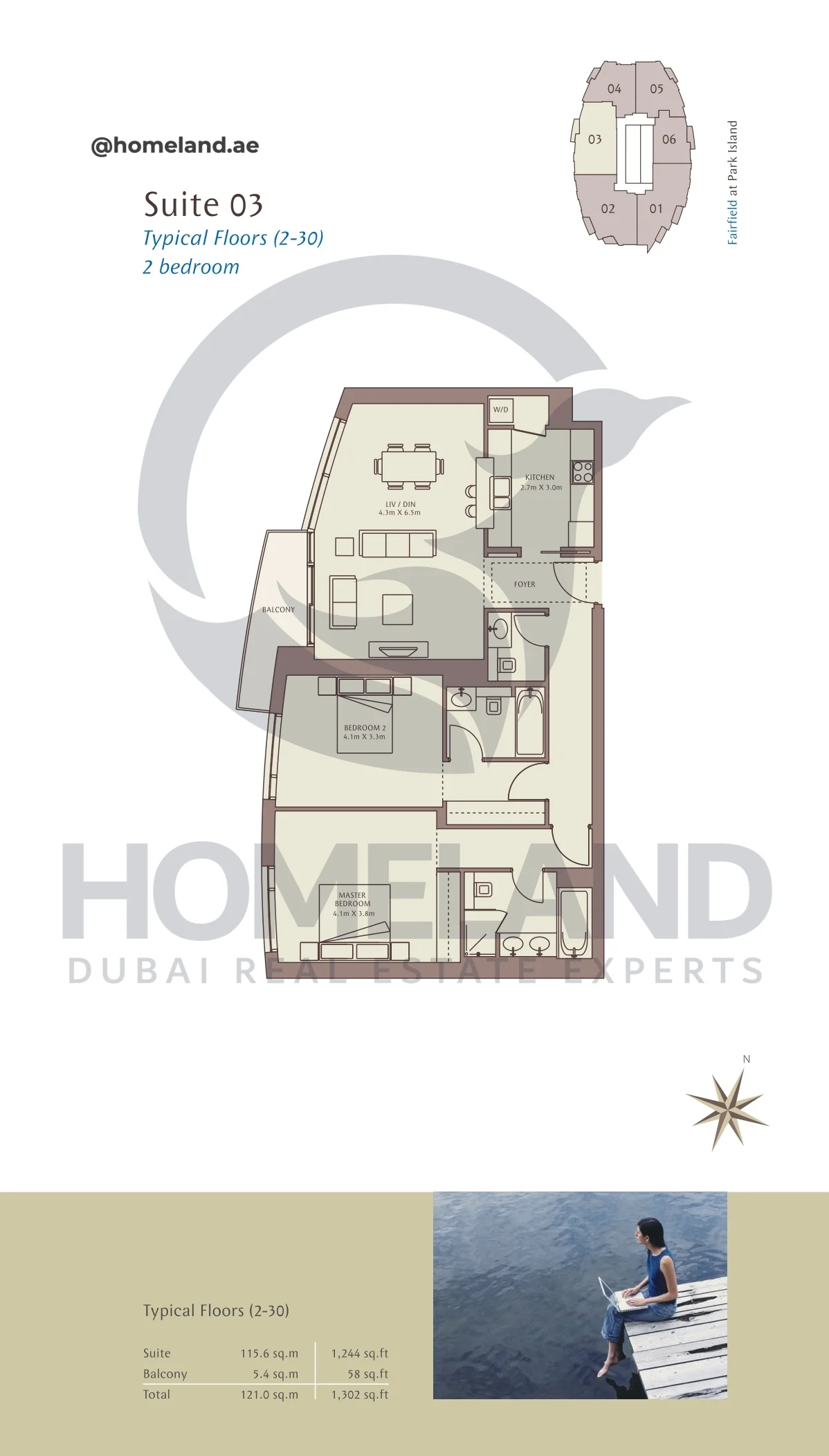 Park Island Fairfield, Typical Floors ( 2-30 ), 2BR, Suite 03, 1302 SQFT