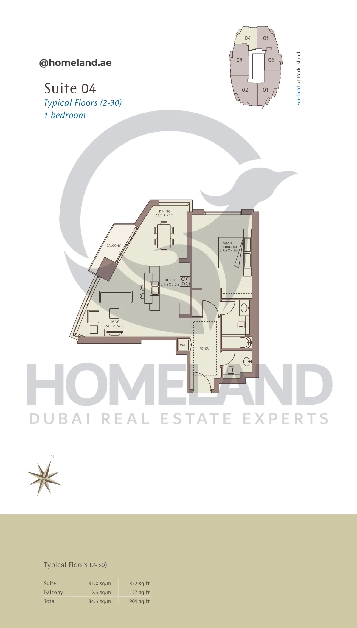 Park Island Fairfield, Typical Floors ( 2-30 ), 1BR, Suite 04, 909 SQFT
