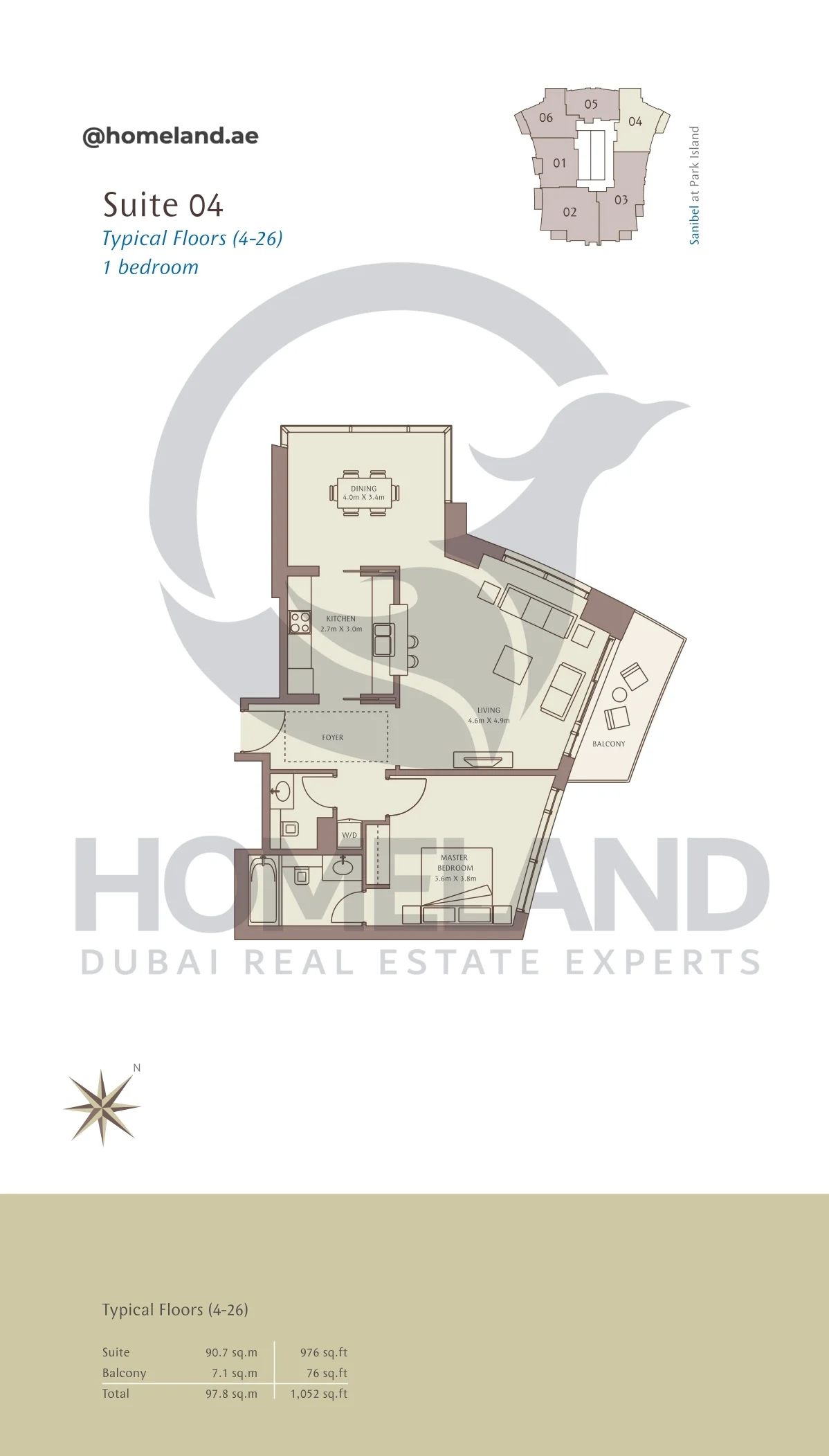Park Island Sanibel, Typical Floors ( 4-26 ), 1BR, Suite 04, 1052 SQFT