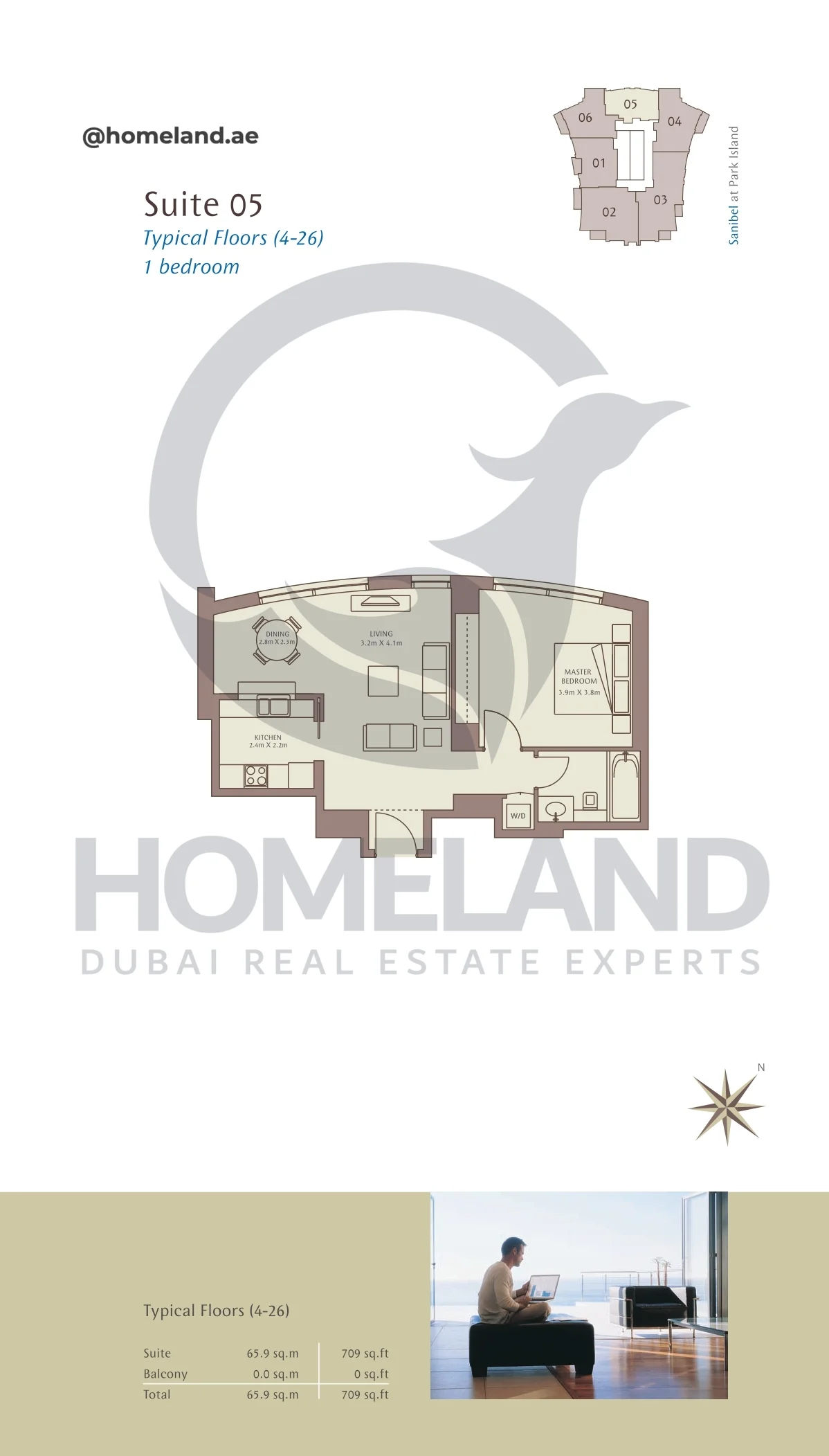 Park Island Sanibel, Typical Floors ( 4-26 ), 1BR, Suite 05, 709 SQFT
