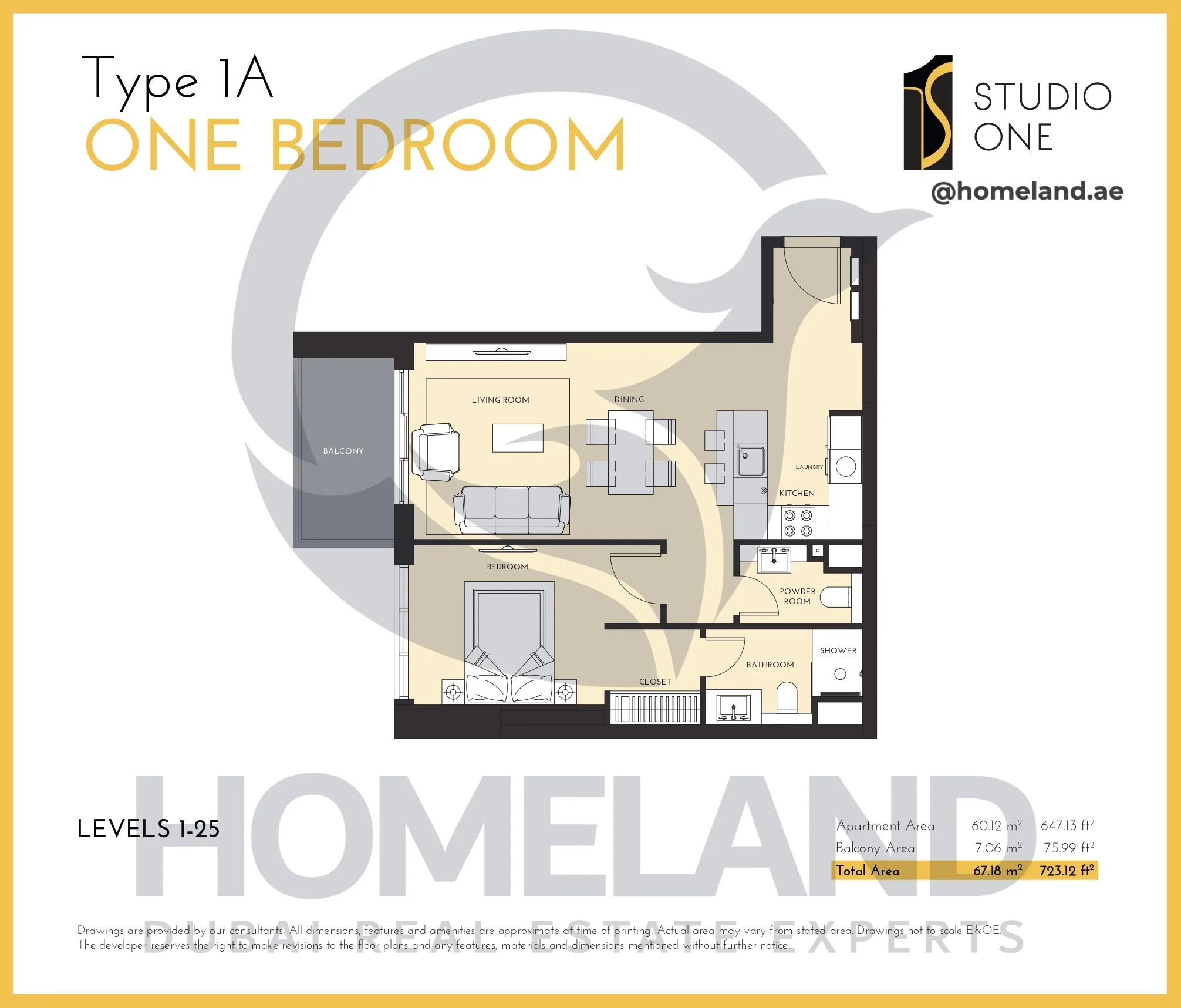 Studio One, 1BR, Type 1A, Level 1-25, 723.12 SQFT