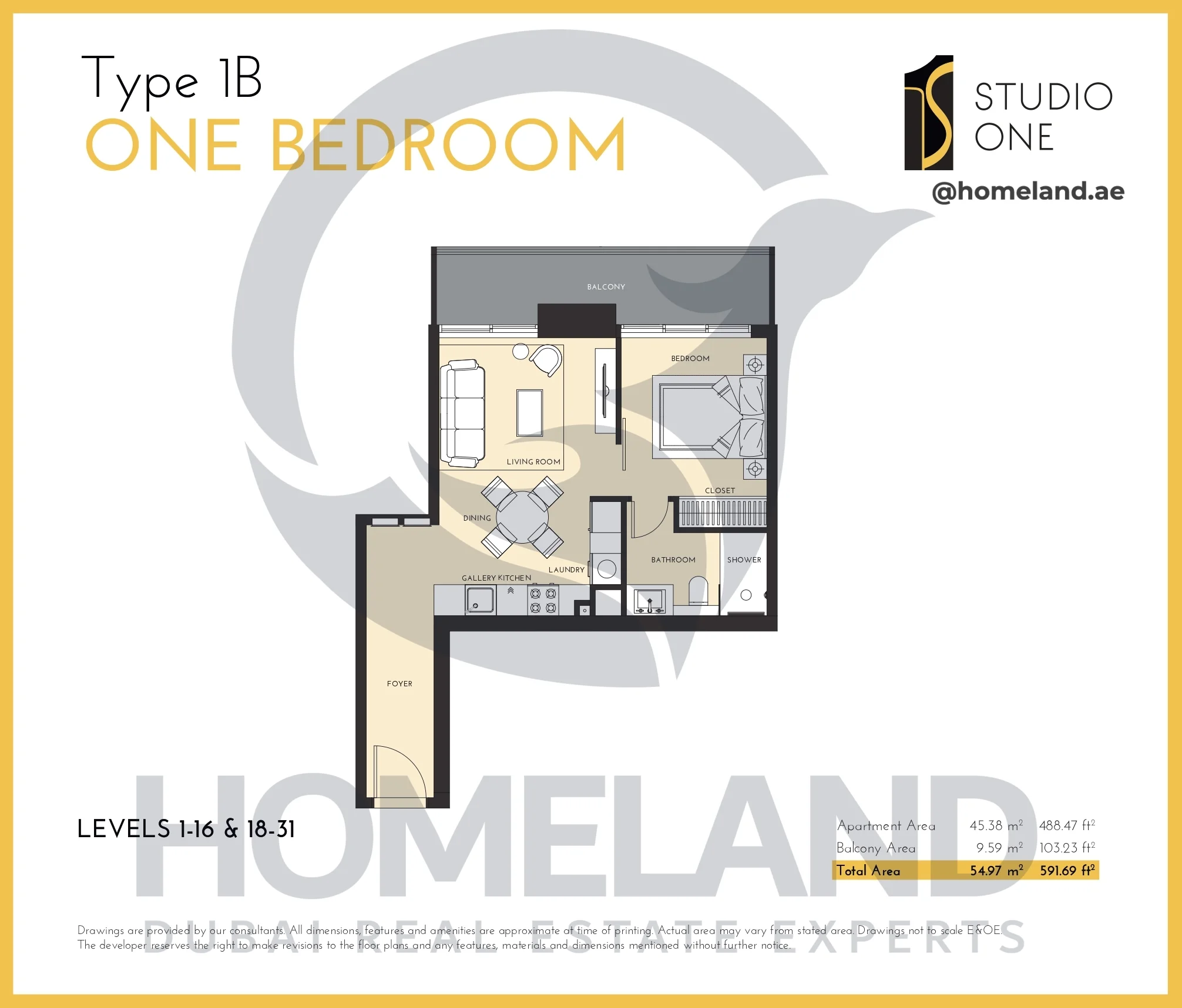 Studio One, 1BR, Type 1B, Level 1-16&18-31, 591.69 SQFT