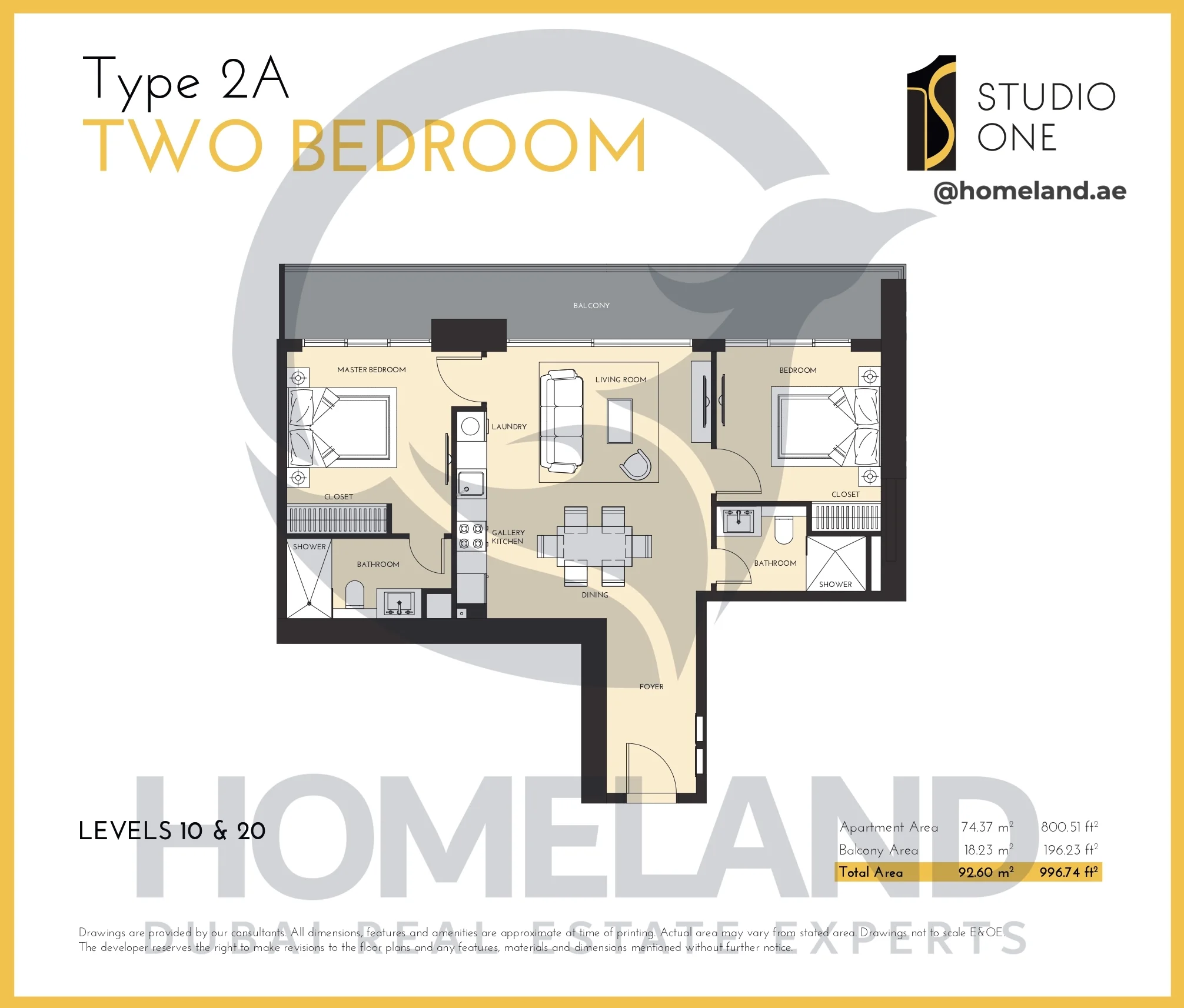 Studio One, 2BR, Type 2A, Level 10&20, 996.74 SQFT