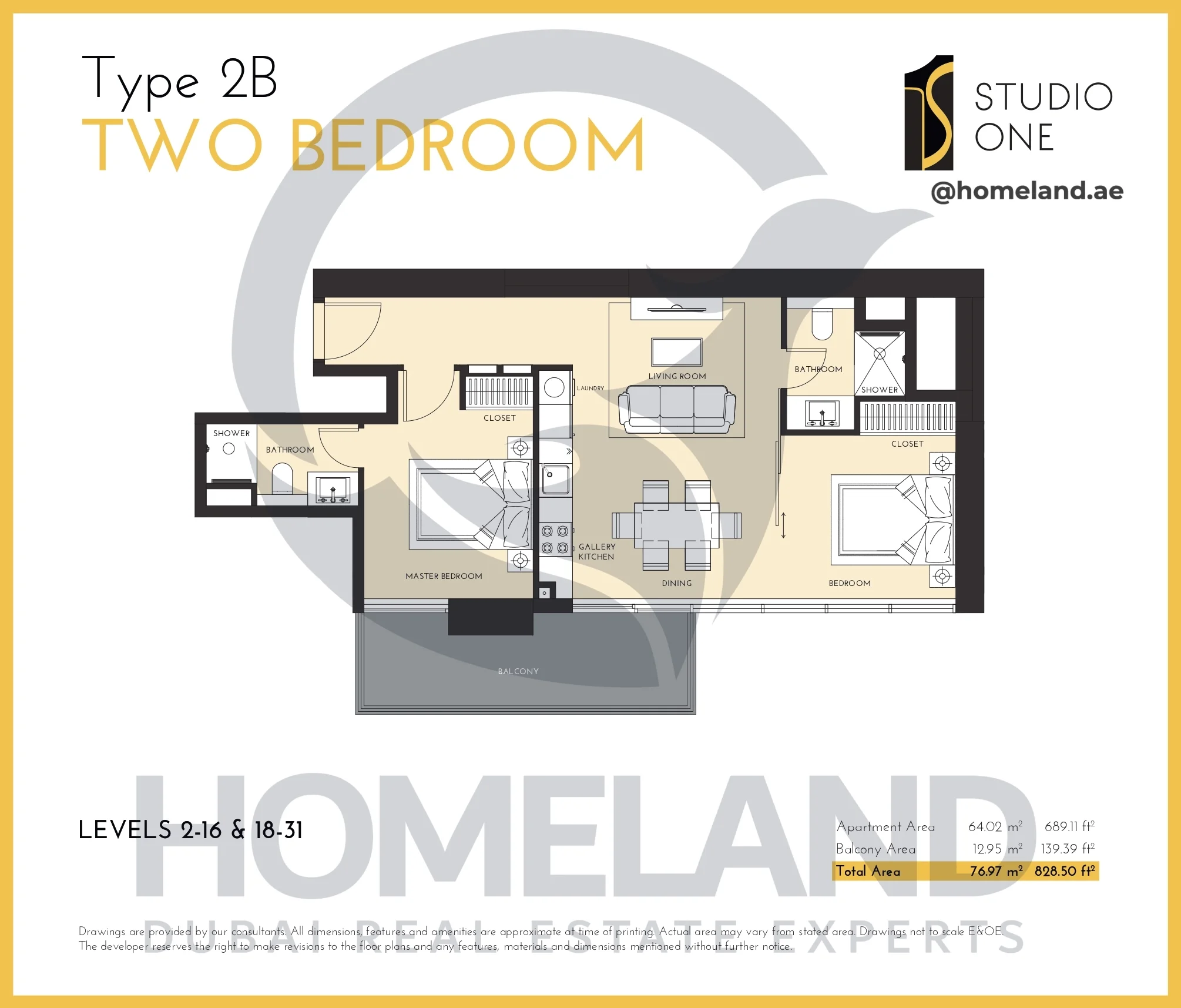 Studio One, 2BR, Type 2B, Level 2-16&18-31, 828.50 SQFT