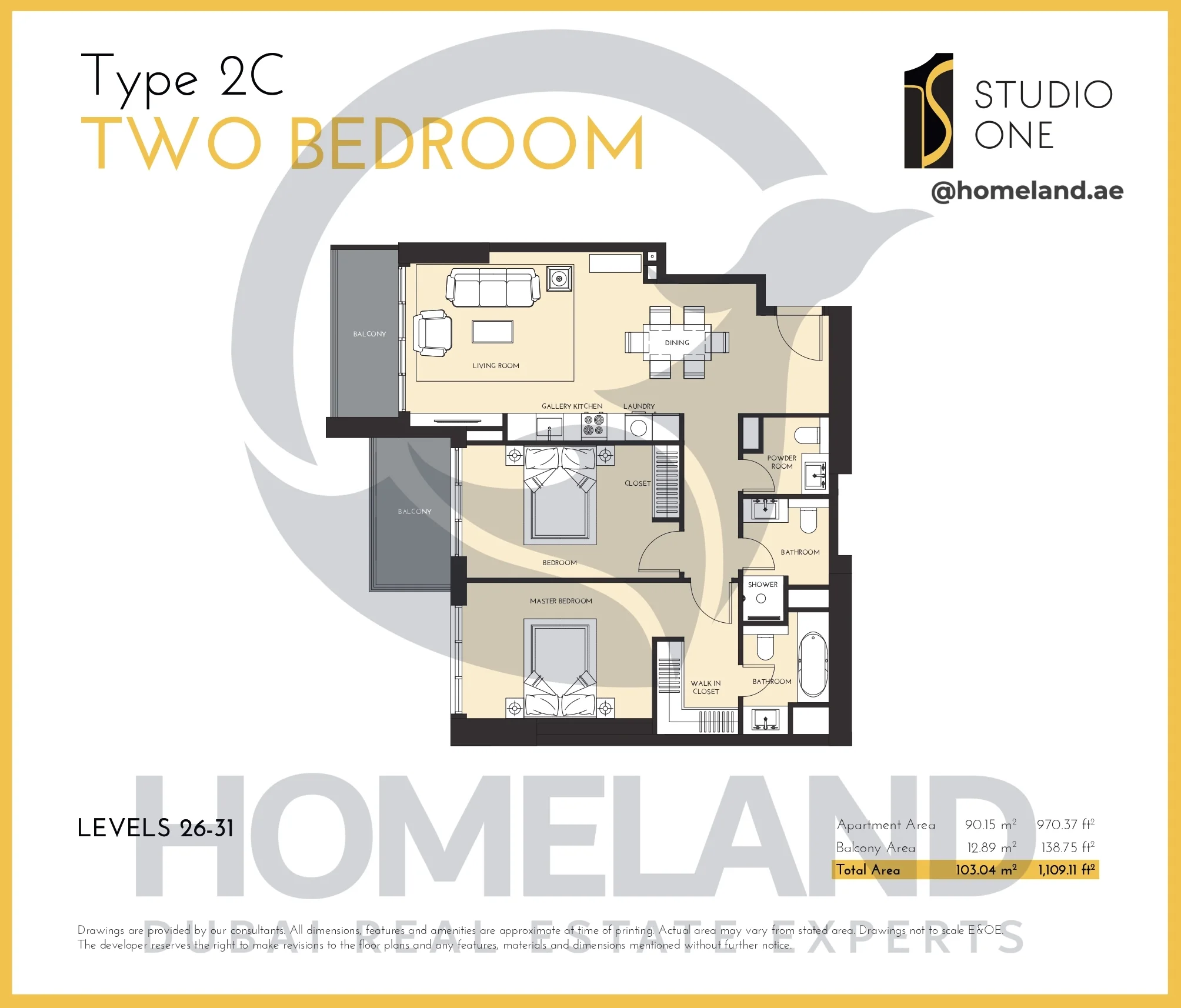 Studio One, 2BR, Type 2C, Level 26-31, 1109.11 SQFT