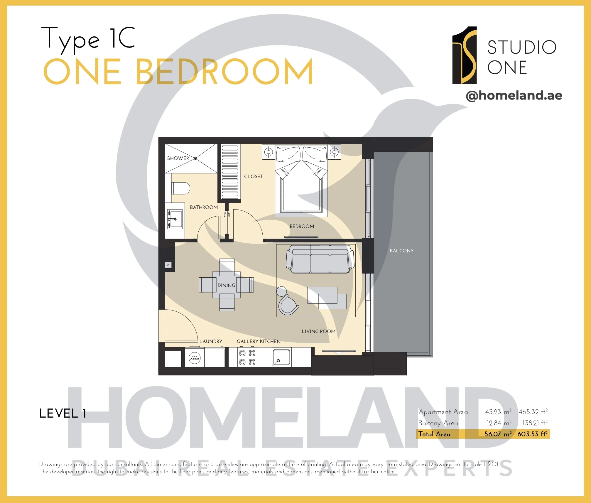 Studio One, 1BR, Type 1C, Level 1, 603.53 SQFT