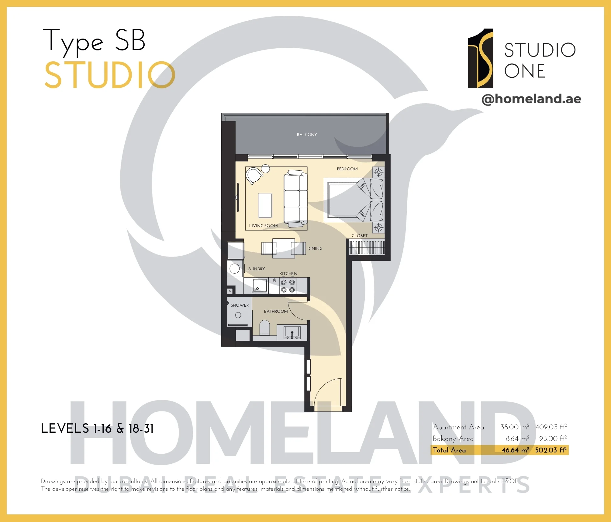 Studio One, Studio, Type SB, Level 1-16&18-31, 502.03 SQFT