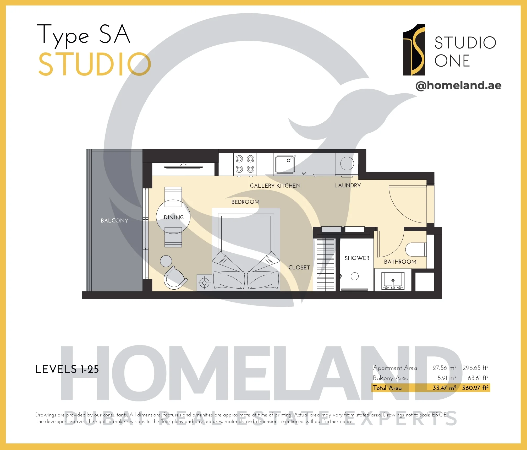 Studio One, Studio, Type SA, Level 1-25, 360.27 SQFT