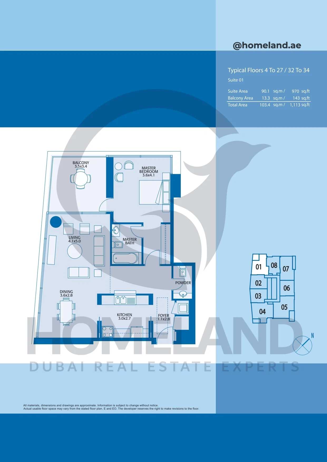 Marina Quays, Typical Floors, 1BR, Level 4 to 27-32 to 34, Suite 01, 1113 SQFT