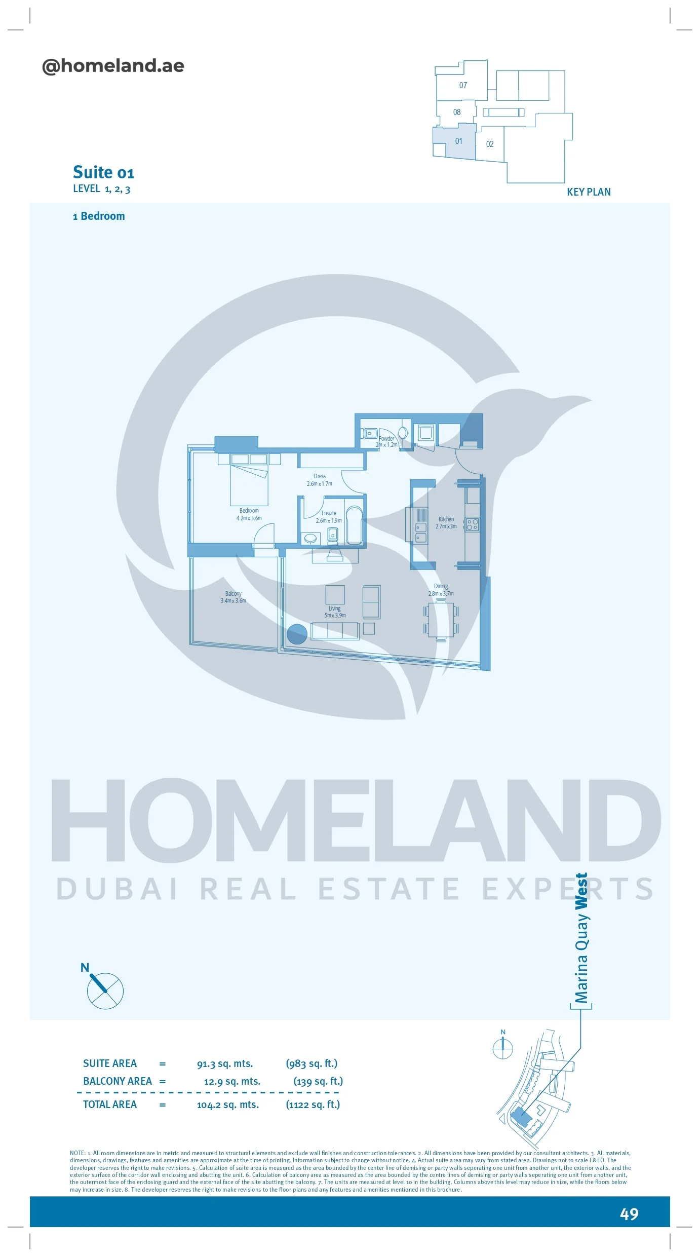 Marina Quays, 1BR, Level 1-2-3, Suite 01, 1122 SQFT