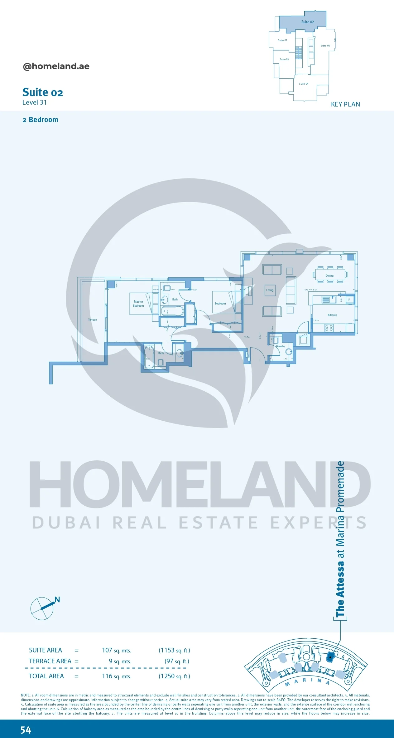 Marina Promenade The Attessa, 2BR, Suite 02, Level 31, 1250 SQFT