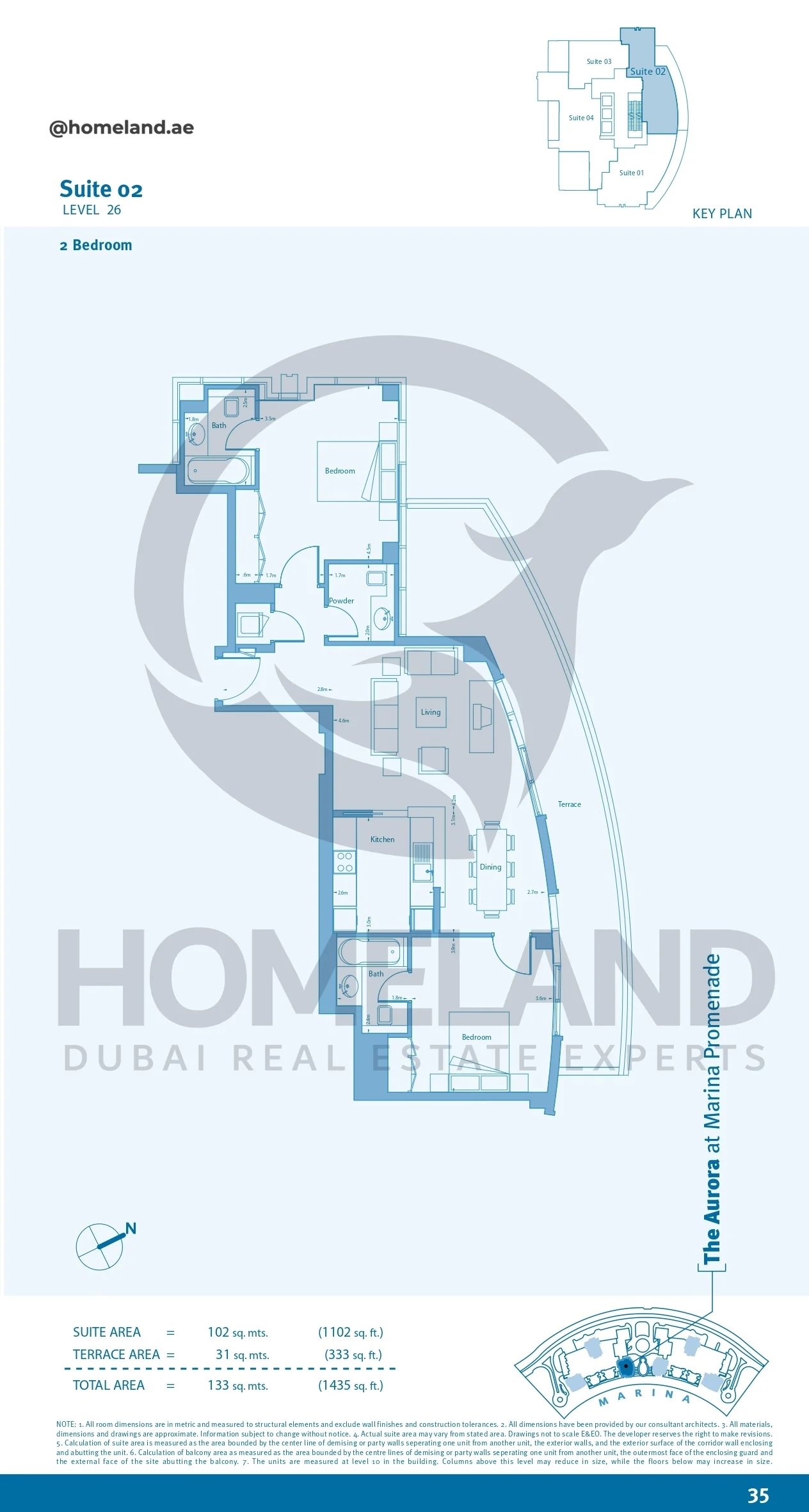 Marina Promenade The Aurora, 2BR, Suite 02, Level 26, 1435 SQFT