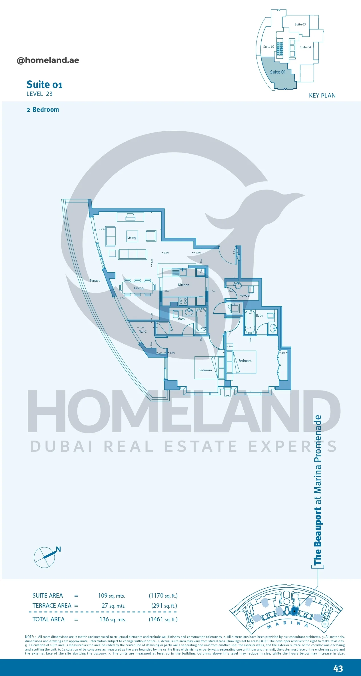 Marina Promenade The Beauport, 2BR, Suite 01, Level 23, 1461 SQFT